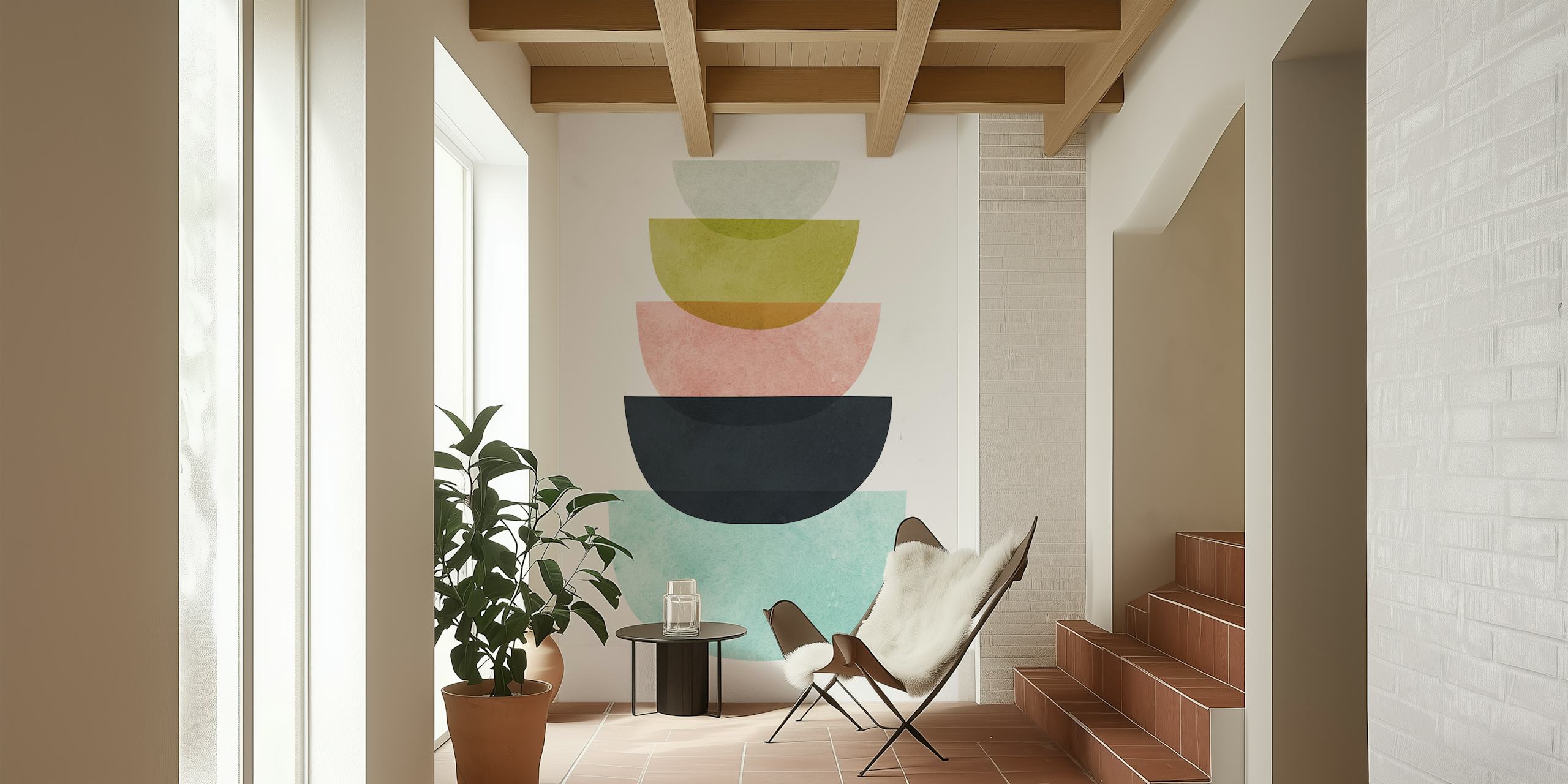 Farverigt geometrisk abstrakt vægmaleri med overlappende halvcirkler i pastelfarver.
