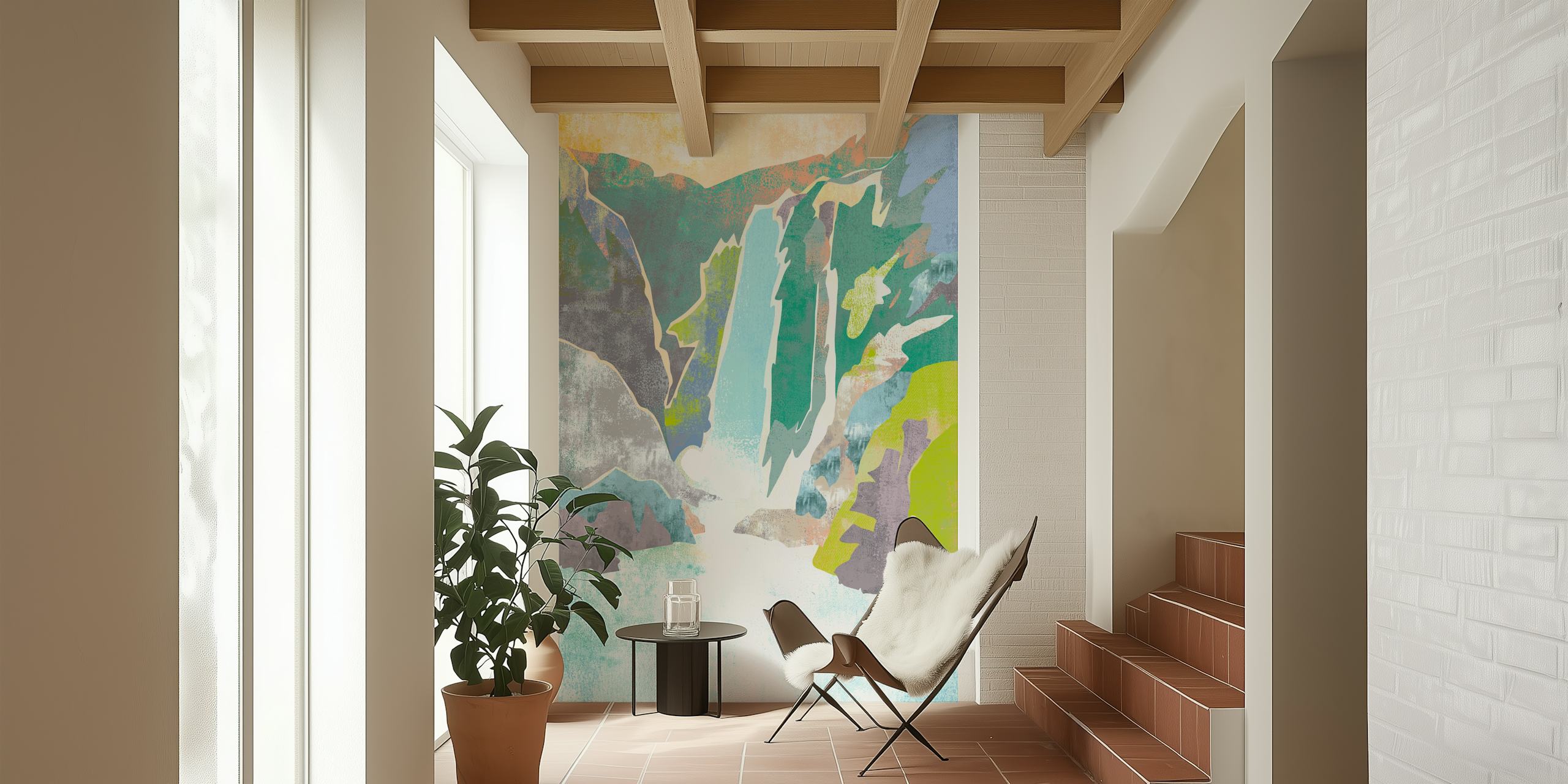 Abstract waterfall wallpaper in a room