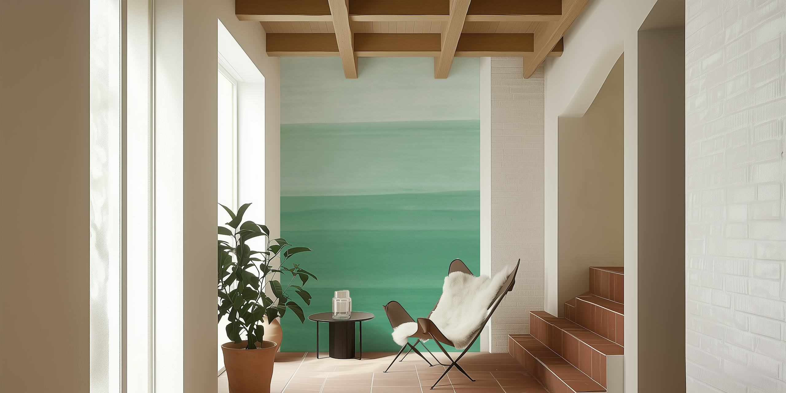 Green watercolor wallpaper in a room
