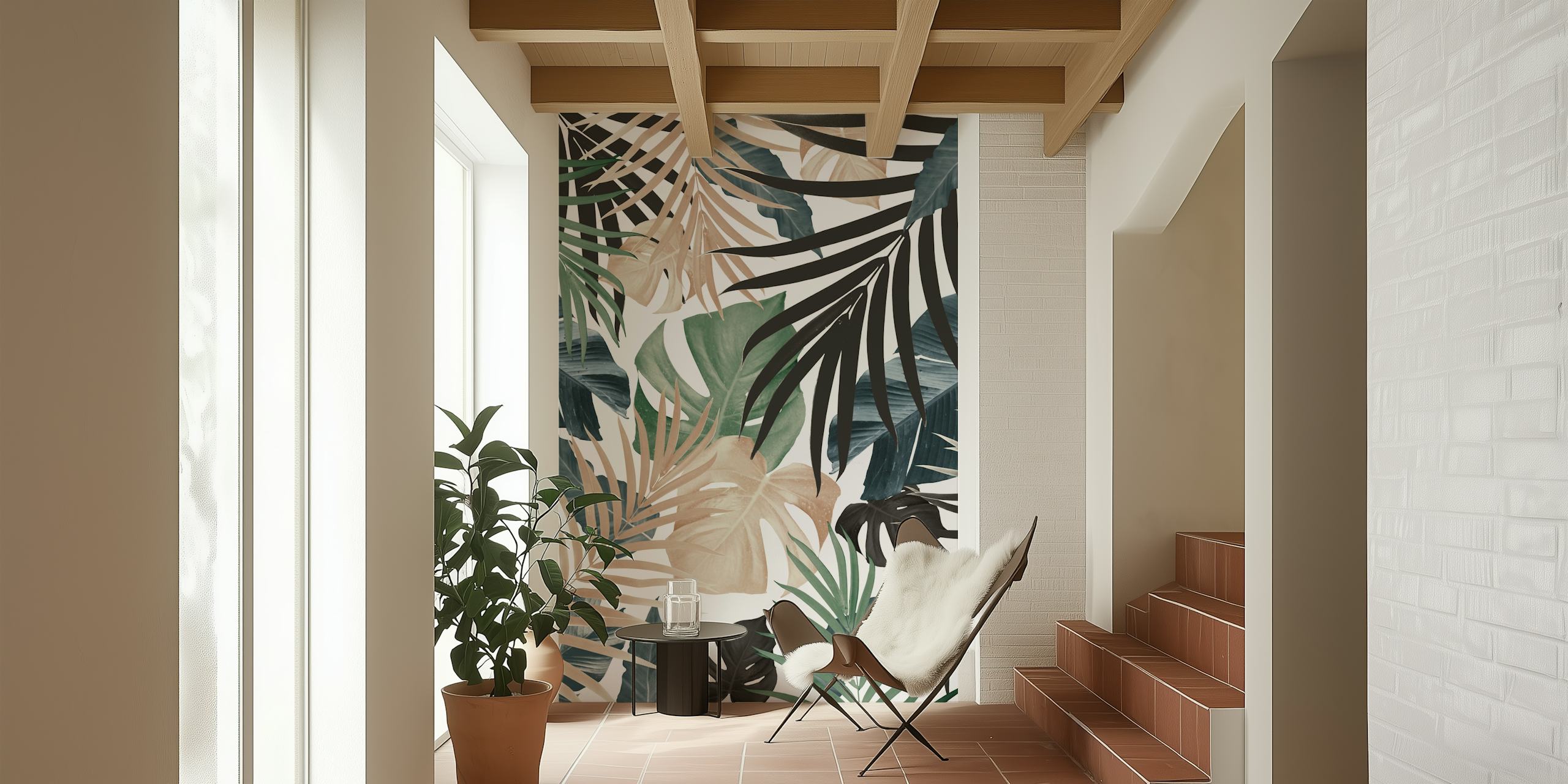 Tropical jungle leaves in green, black, and beige colors wallpaper