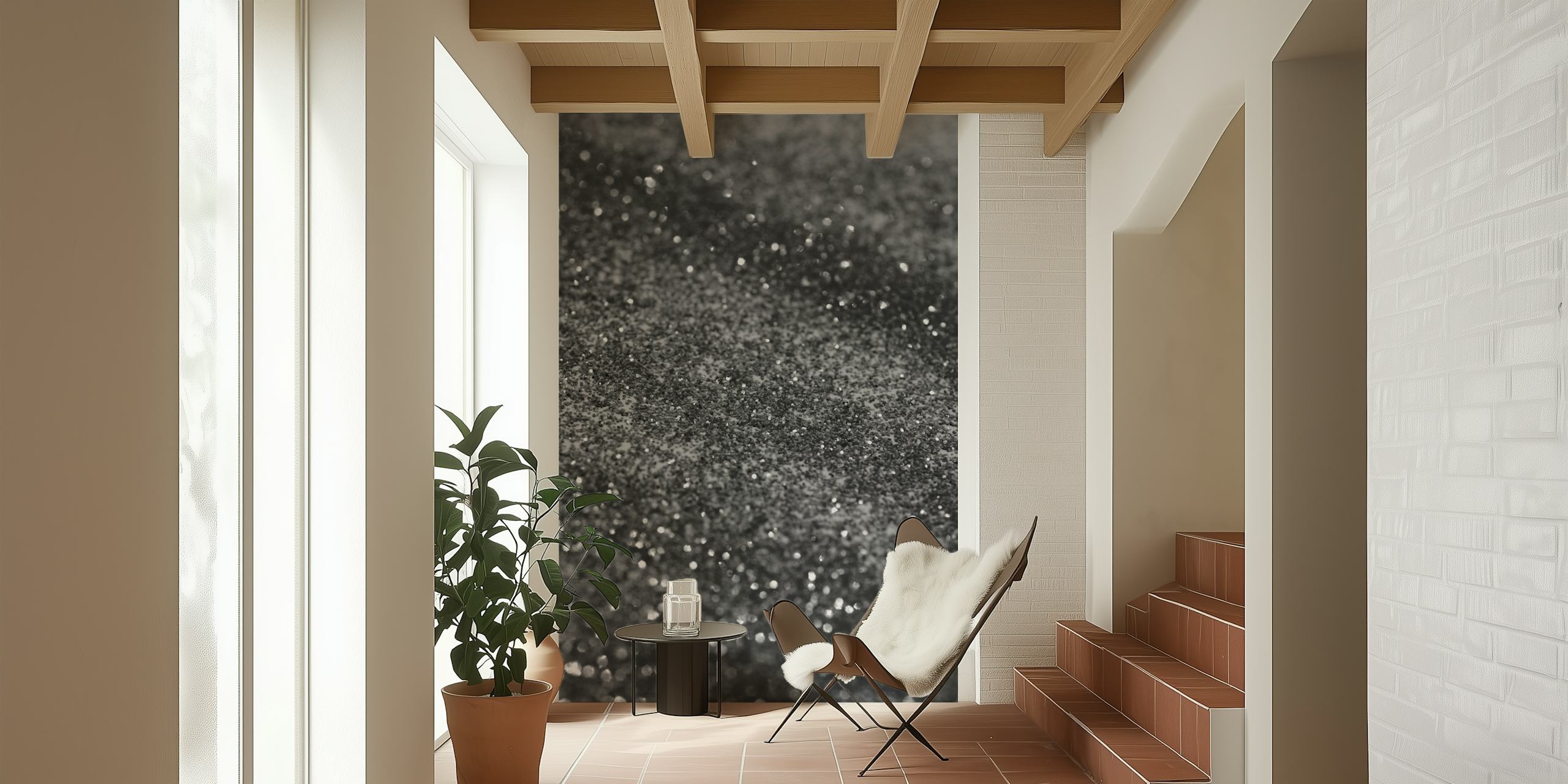 Zilver, grijs en zwart glitter fotobehang met sprankelende stippen