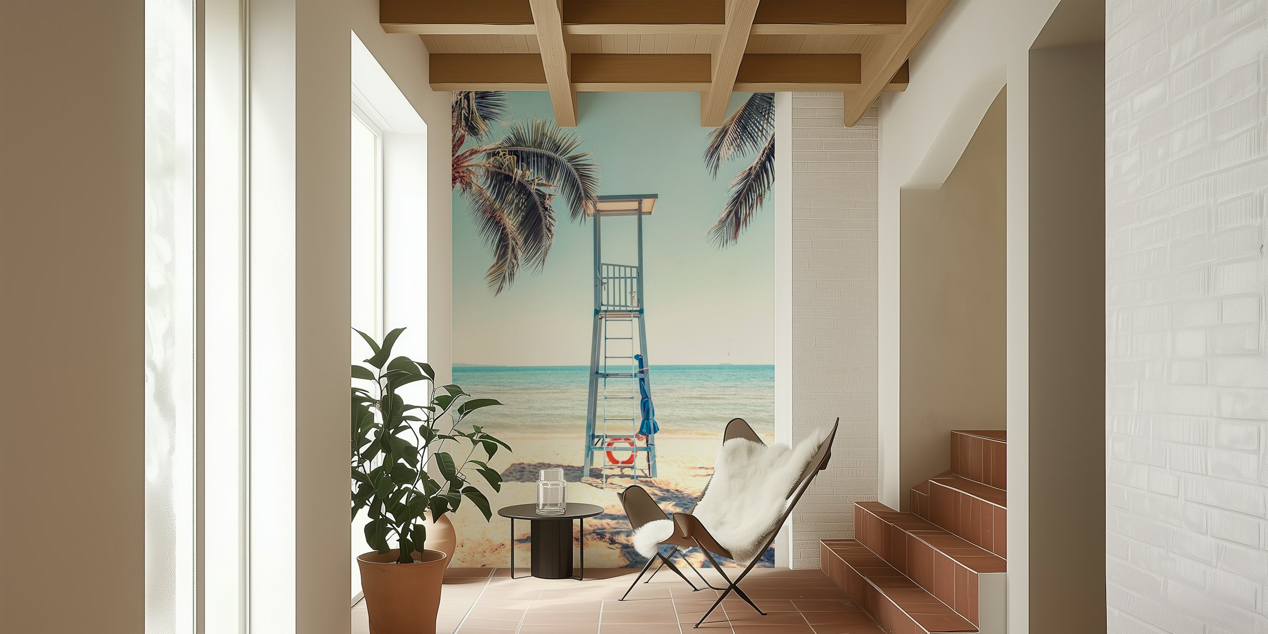 Beach lifeguard tower wallpaper in a room view