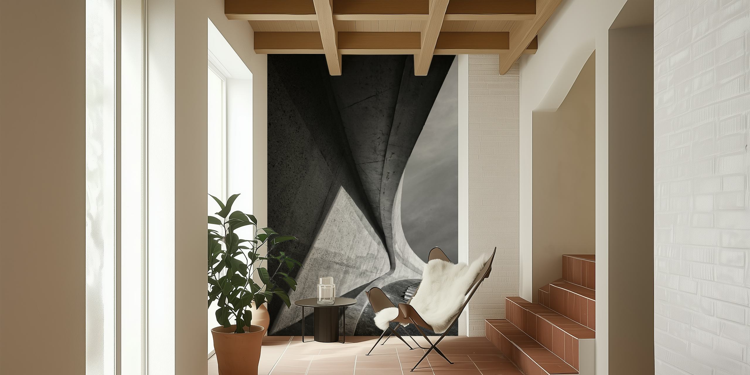 Curved concrete shapes in black and white wallpaper