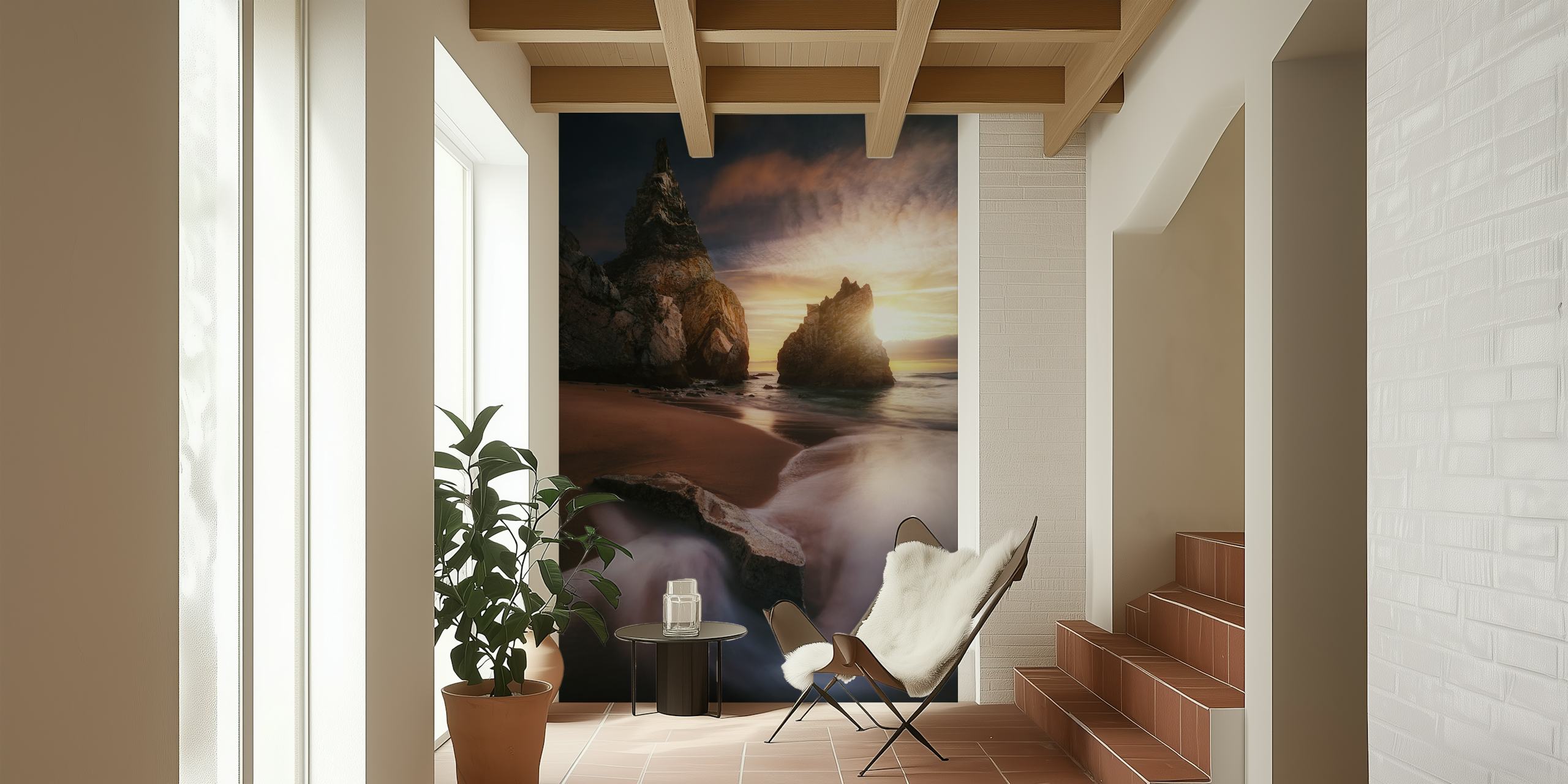Serene beach and cliffside wall mural with sunset and waves