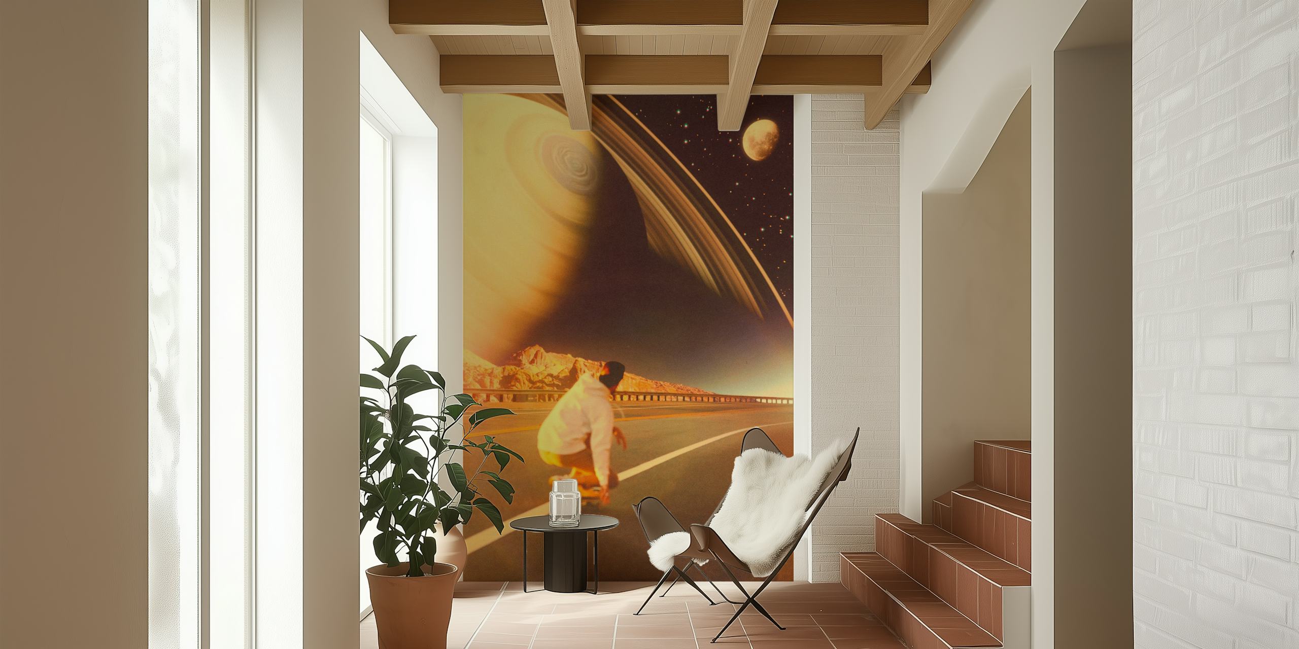 Skateboarder in space with swirling galaxies and rings. Cosmic wallpaper