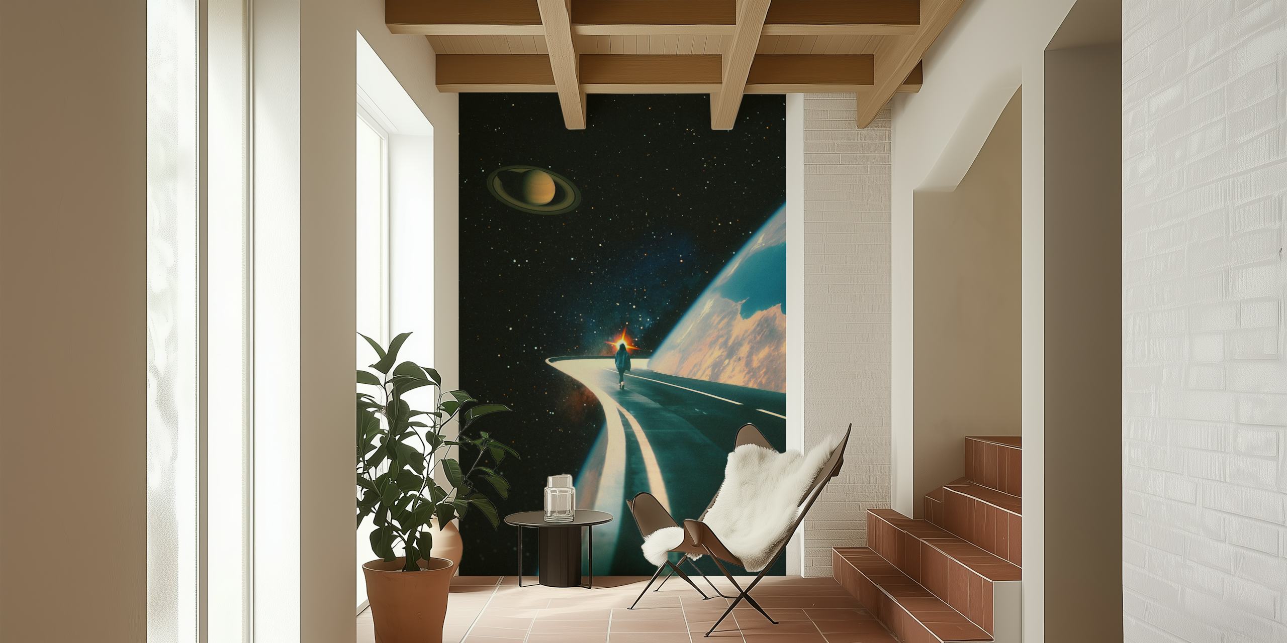 A person walking on a road in space with Saturn visible and Earth in the background wallpaper