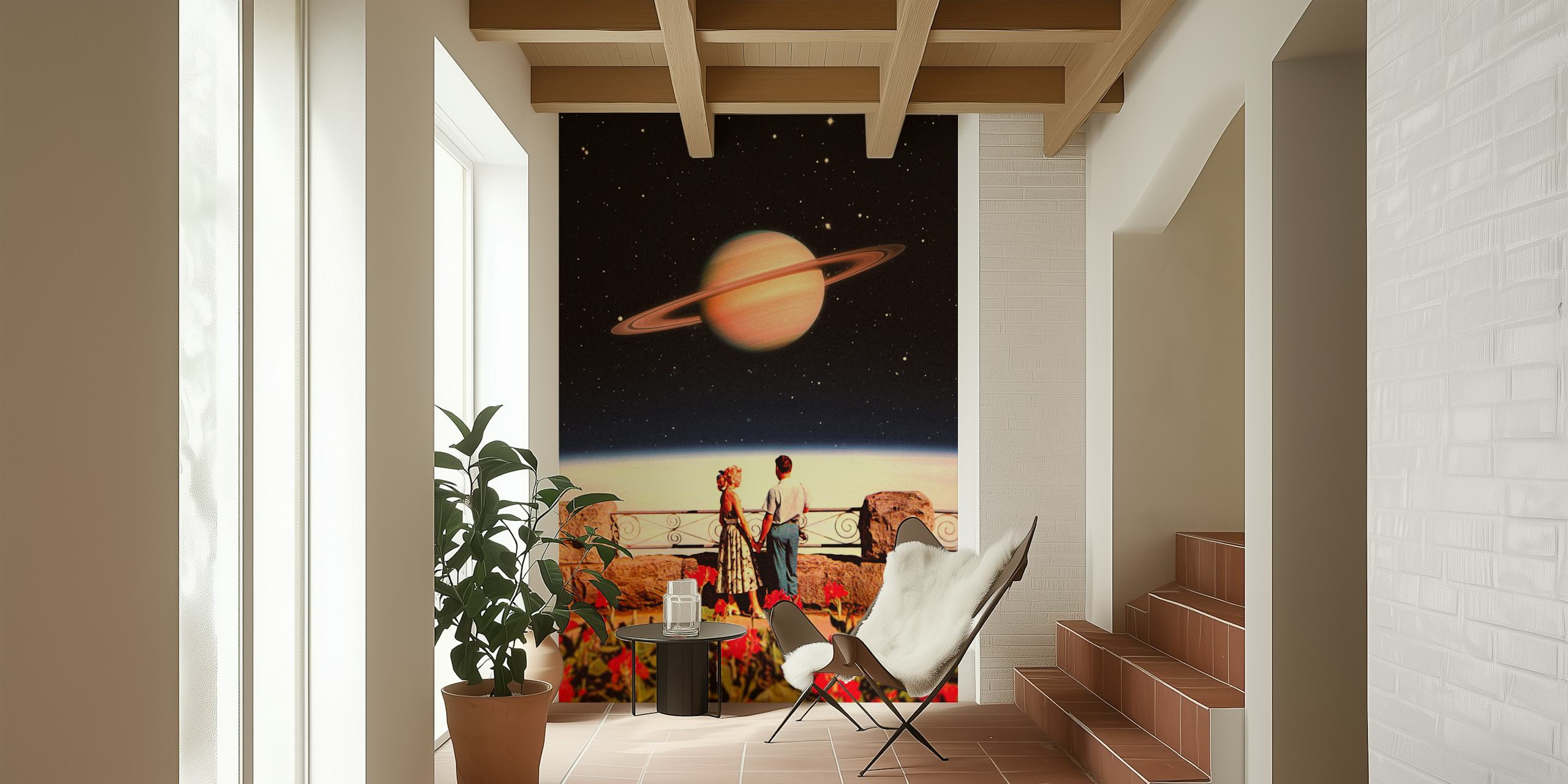 Couple standing under celestial backdrop wallpaper