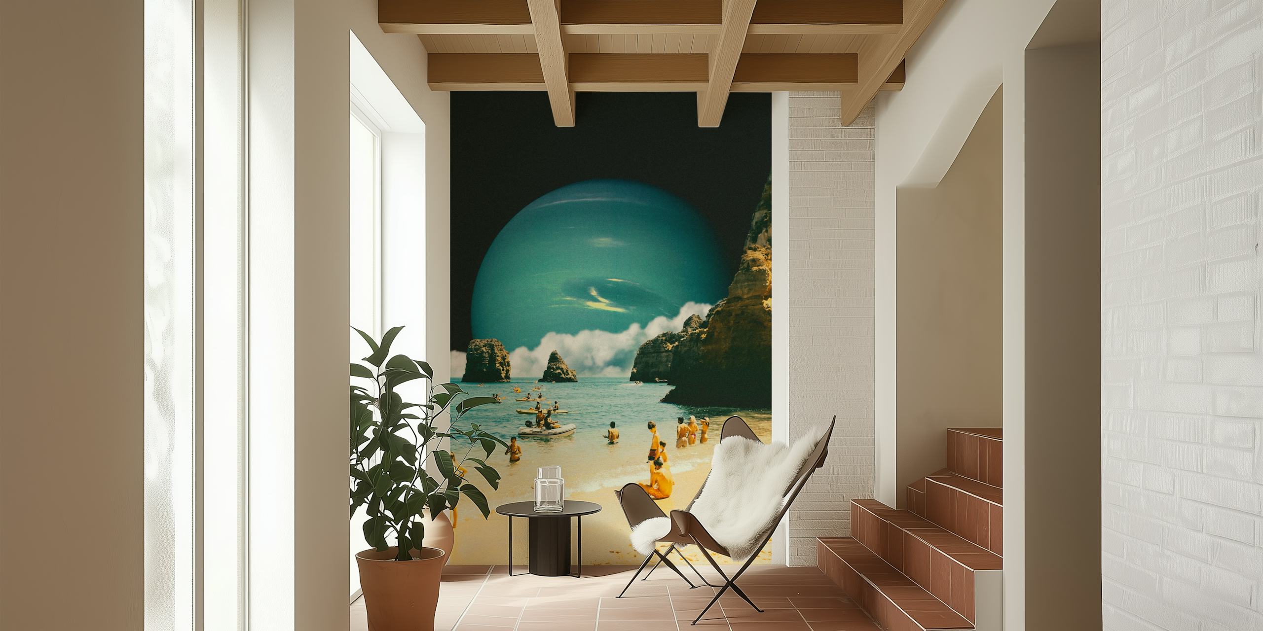 Celestial beach scene with vibrant blue sky and sandy beach wallpaper