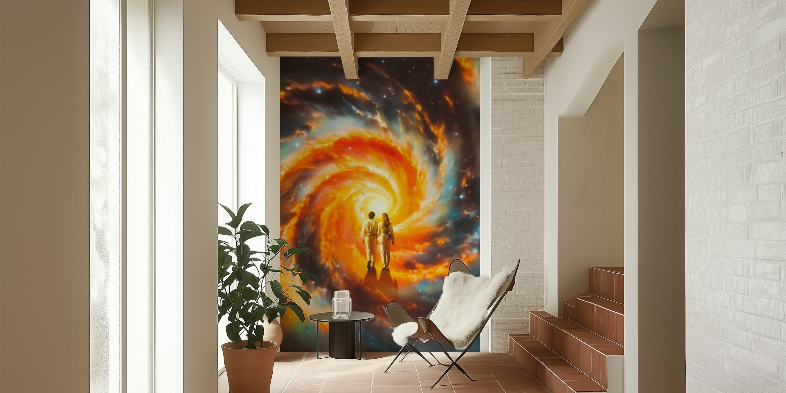 Fotomural de pared Una pareja cogidos de la mano contra un vibrante remolino de galaxias