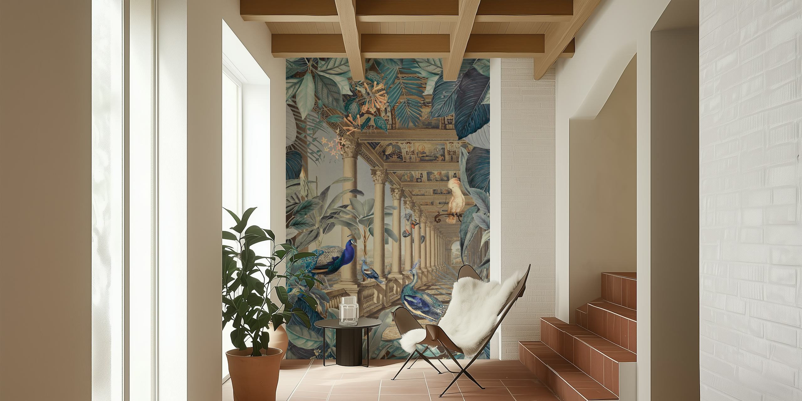 Peacocks and foliage in blue and green colors wallpaper