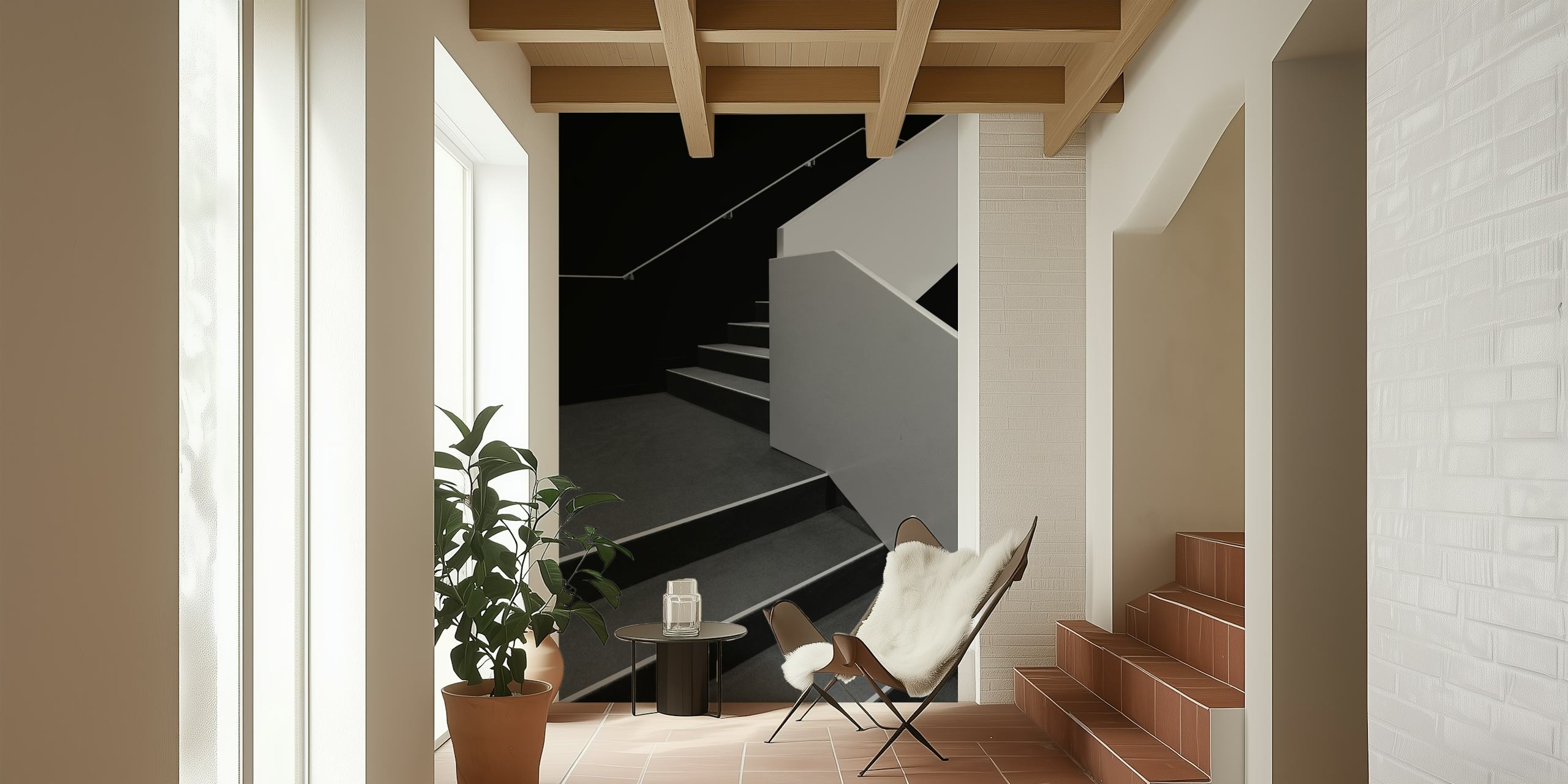Black and white geometric staircase design wallpaper