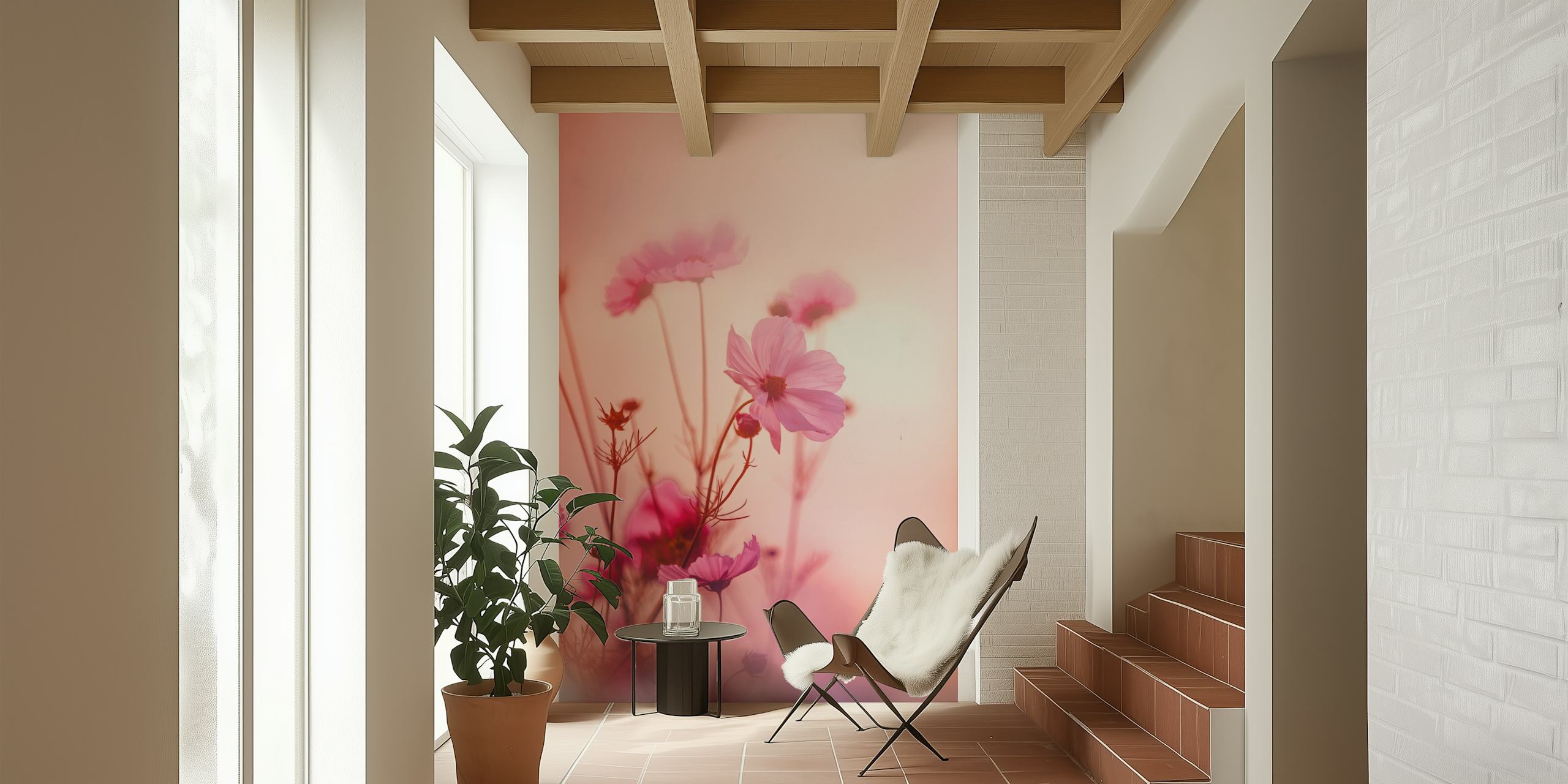 Soft pink floral wallpaper with delicate blooms and green stems