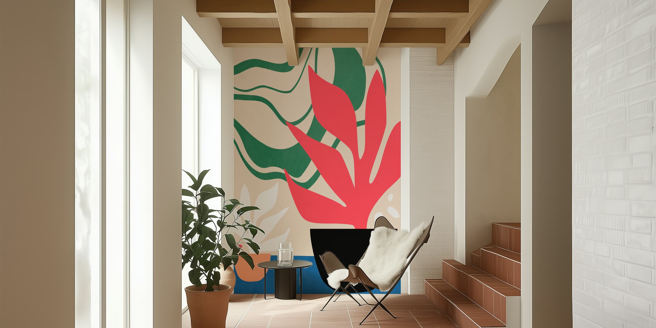 Abstrakt botanisk tapet med röda och gröna växtillustrationer på en neutral bakgrund