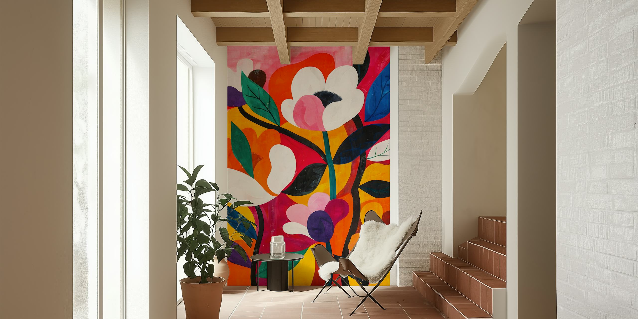 Colorful flowers in pink, orange, and green tones wallpaper