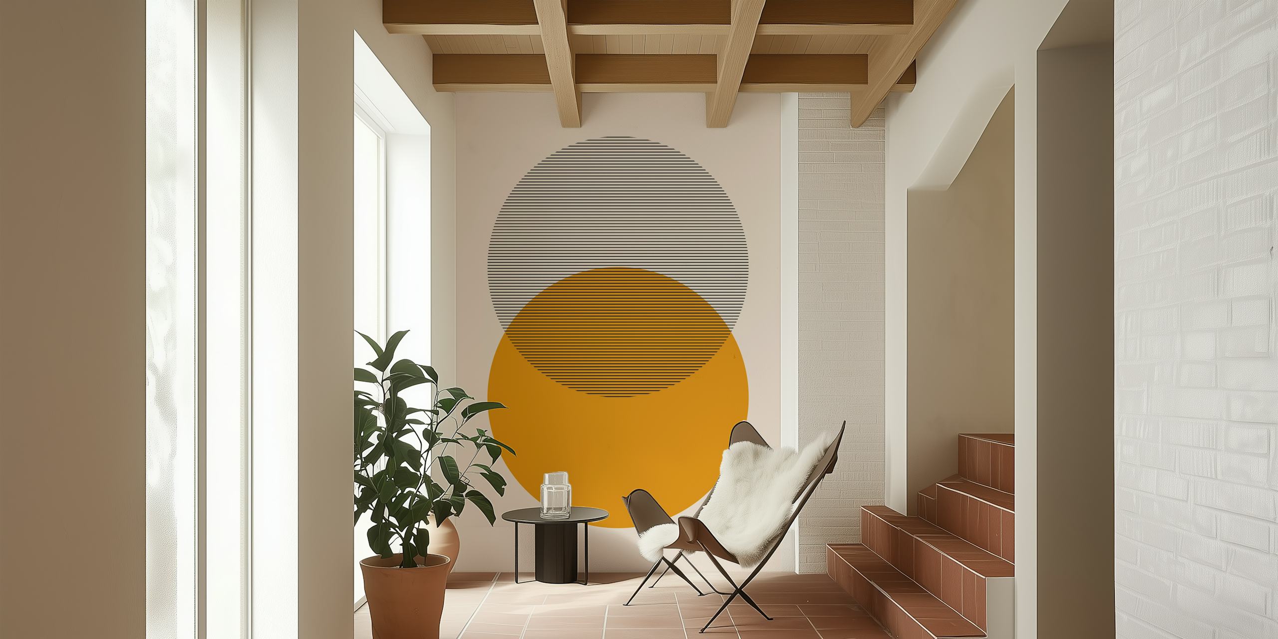 Mid Century Modern Shapes i gult vægmaleri med overlappende geometriske cirkler