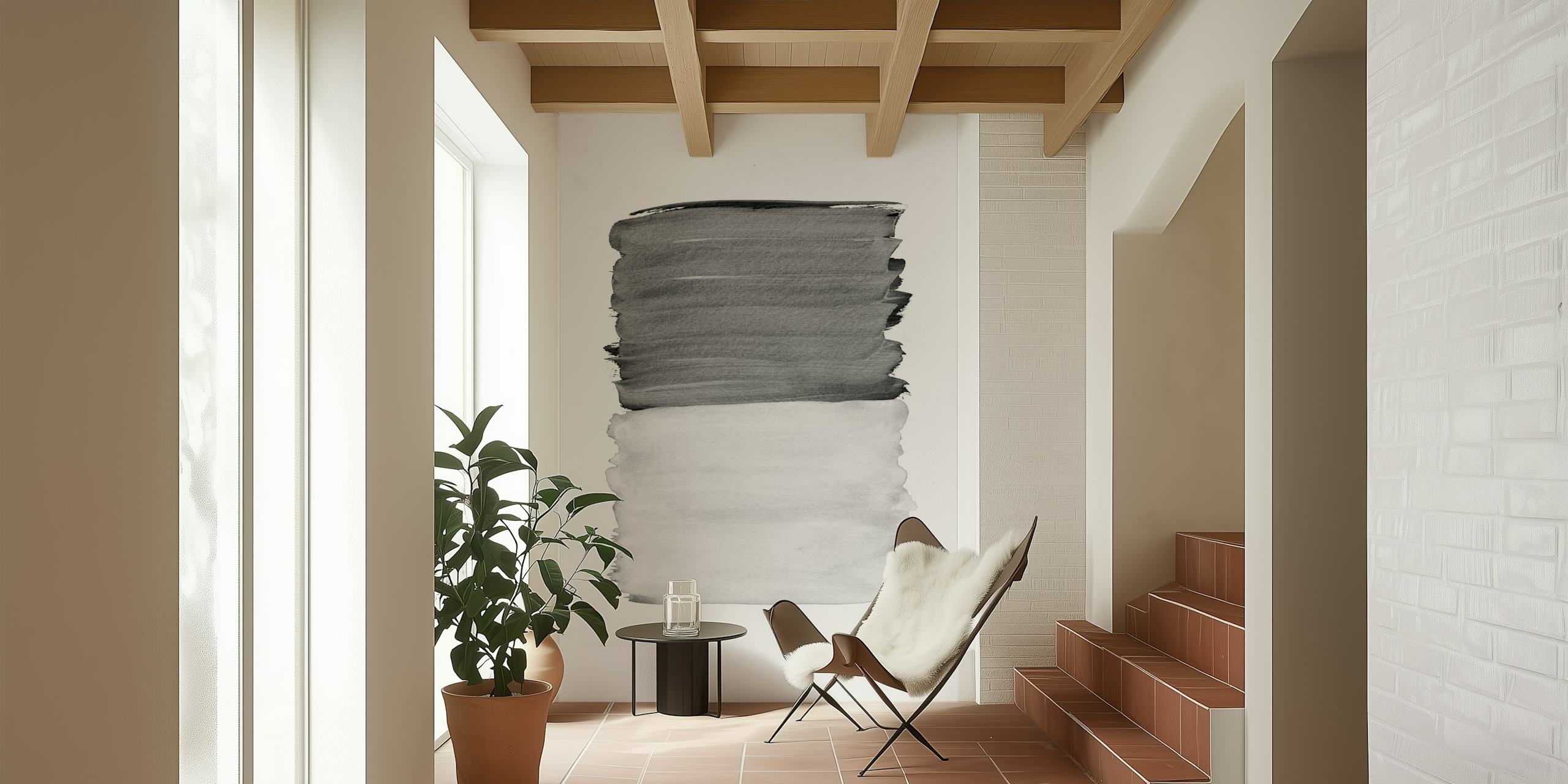 fotomural vinílico de parede abstrato com pinceladas cinza, preto e branco