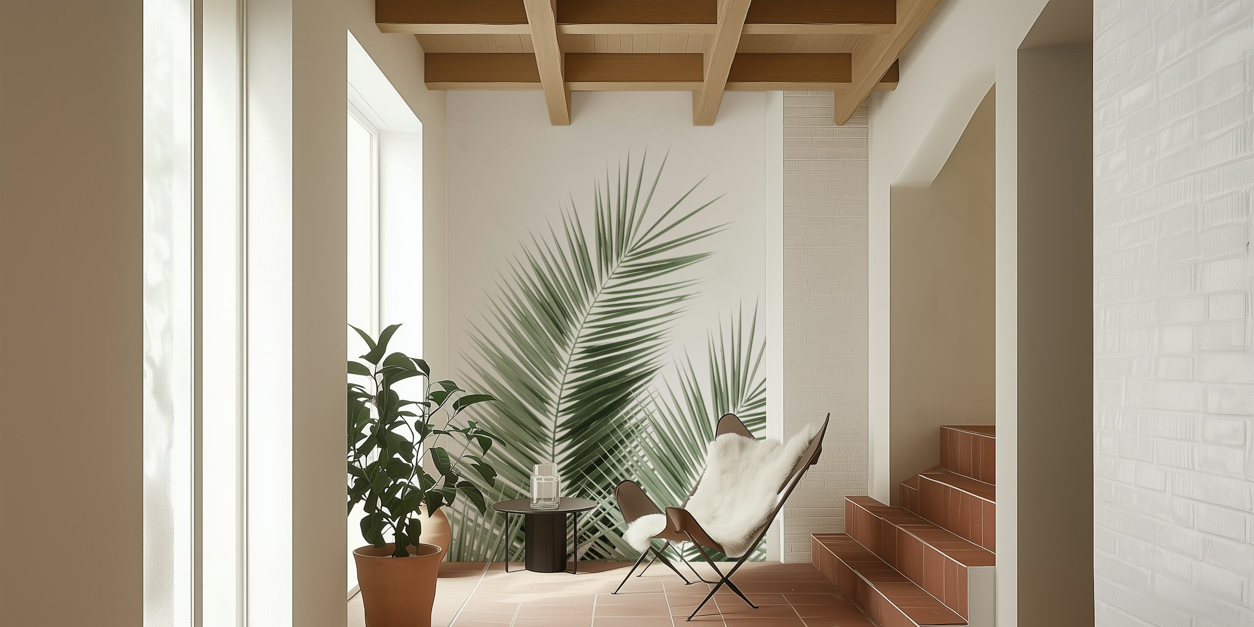 Olive Green Palm Leaves Tapete in einem Raum