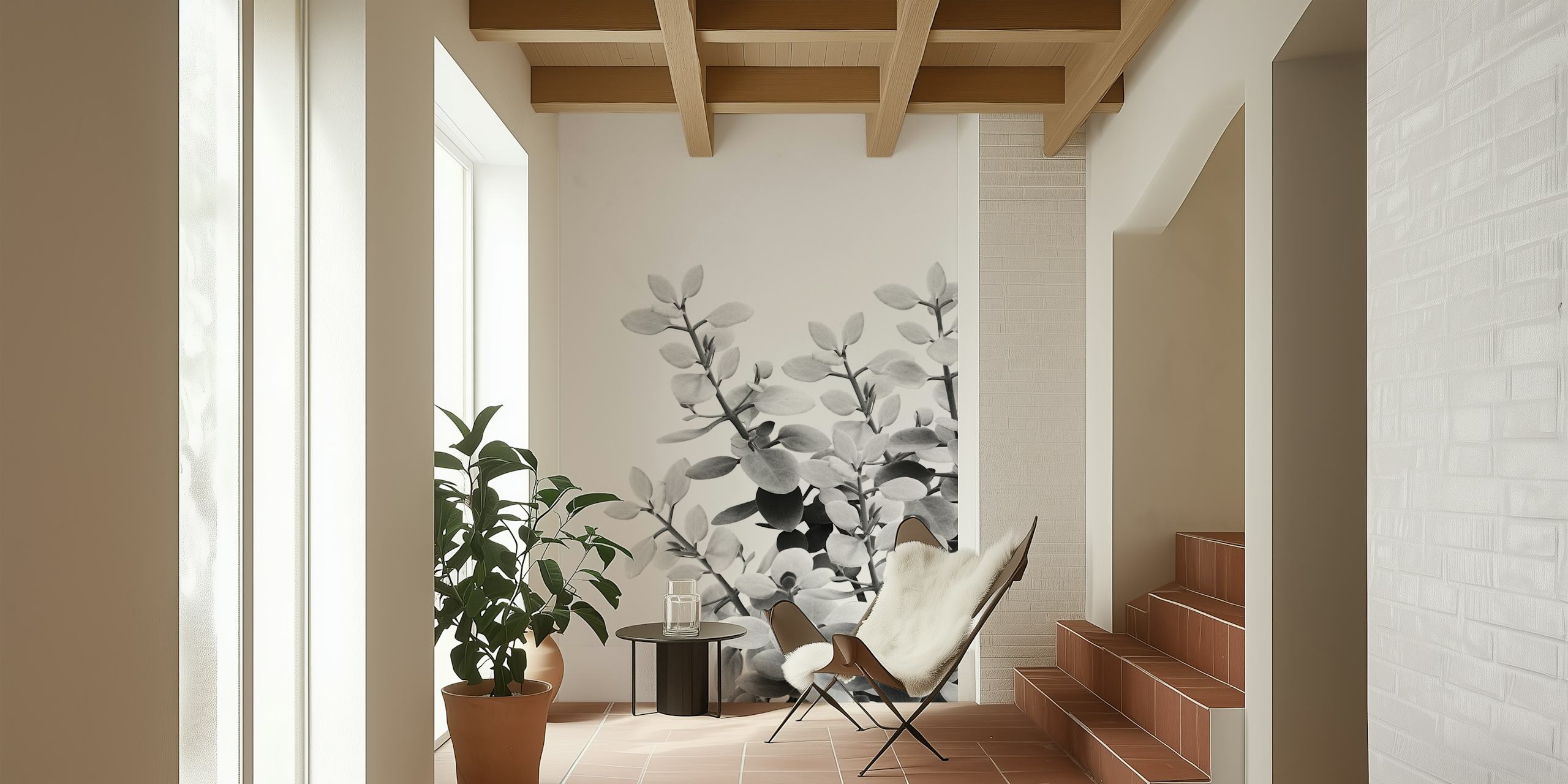 Μονοχρωματικά eucalyptus leaves σε ένα τοιχογραφία που δημιουργεί μια ηρεμιστική ατμόσφαιρα