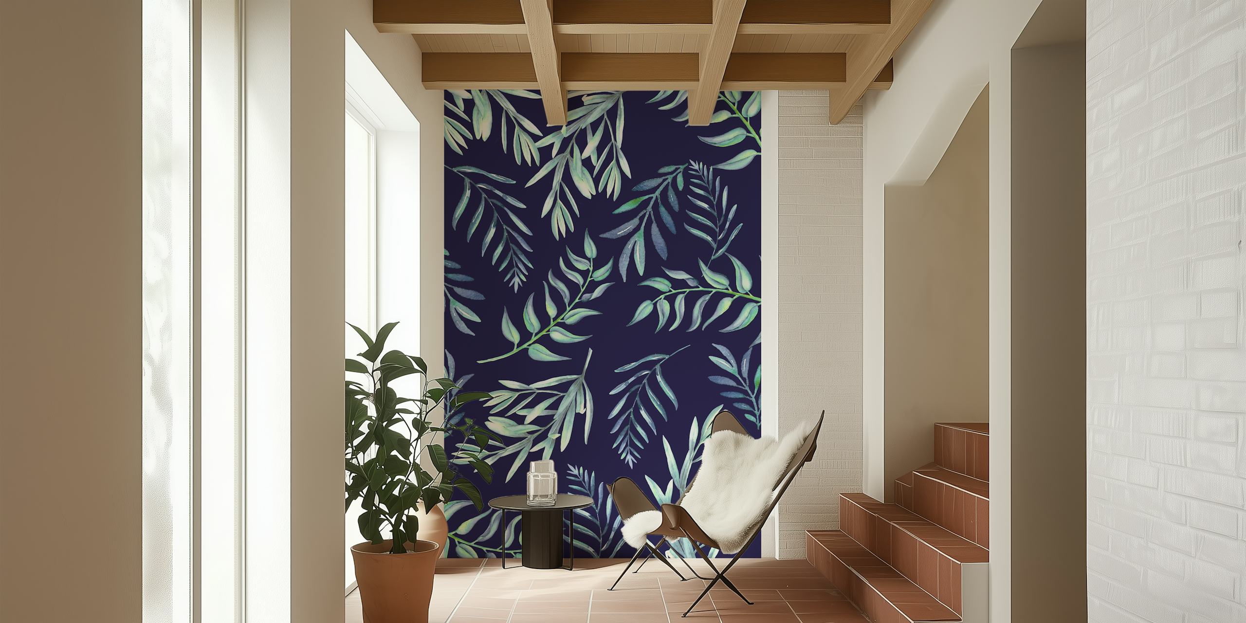 Floating Leaves Blue zidna slika sa stiliziranim lišćem na tamnoplavoj pozadini