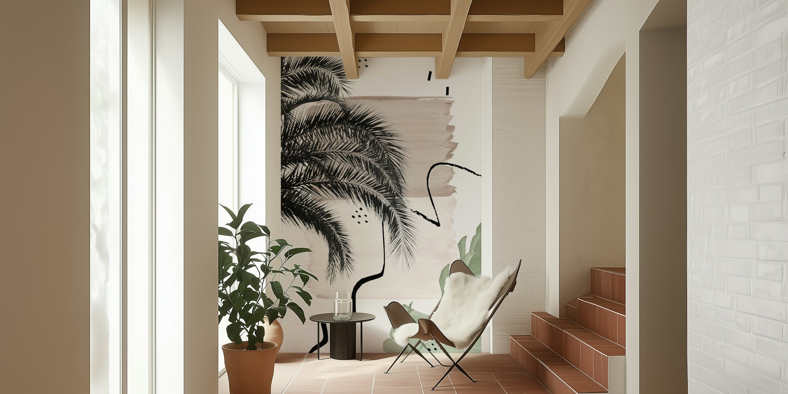 Illustration von Bananenpalmenblättern mit künstlerischen neutralen Strichen auf einem Wandbild