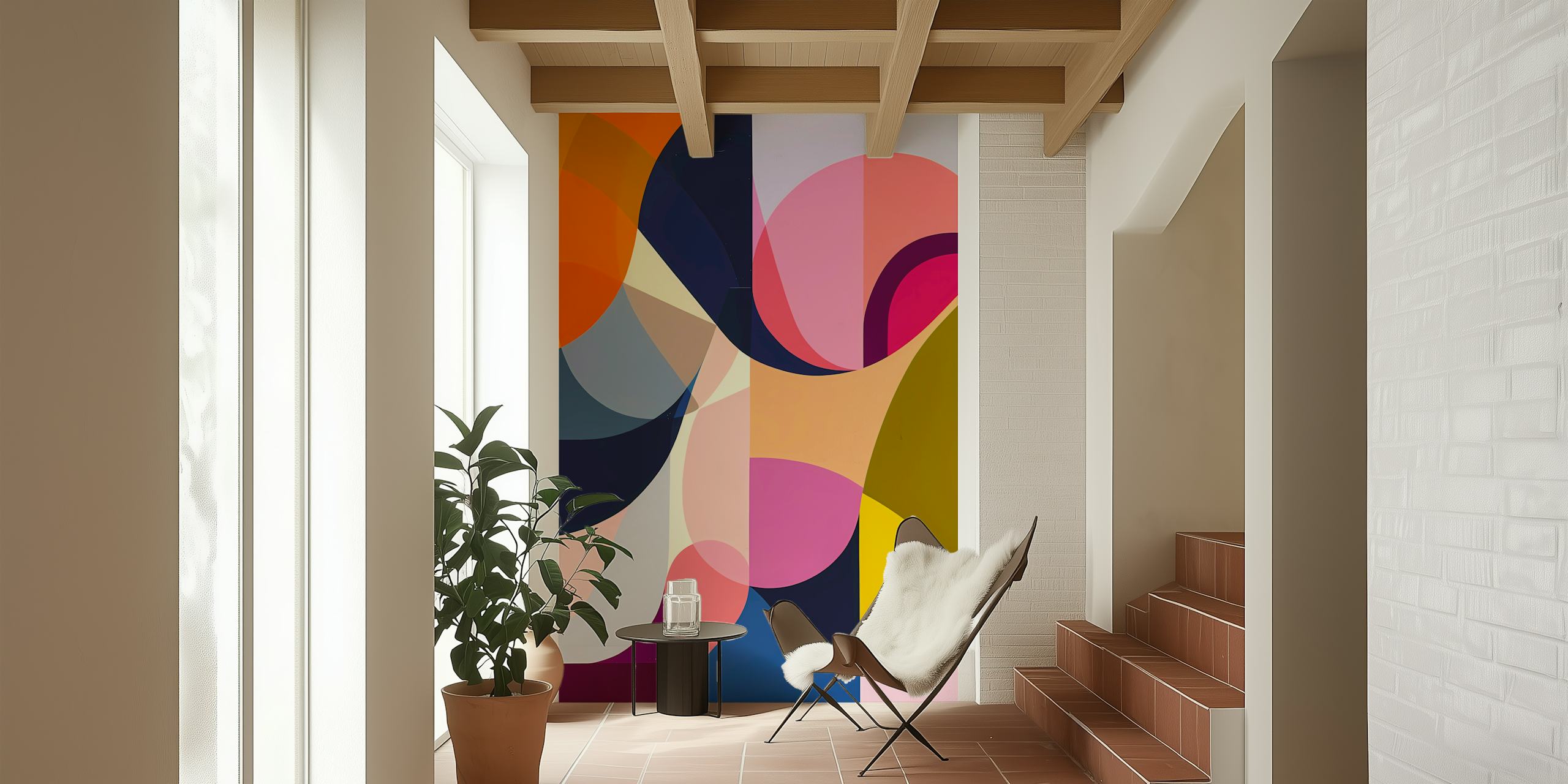 Farbenfrohe Fototapete mit abstrakten Formen und verschlungenen geometrischen Mustern in Blau, Rosa, Orange und Gelb