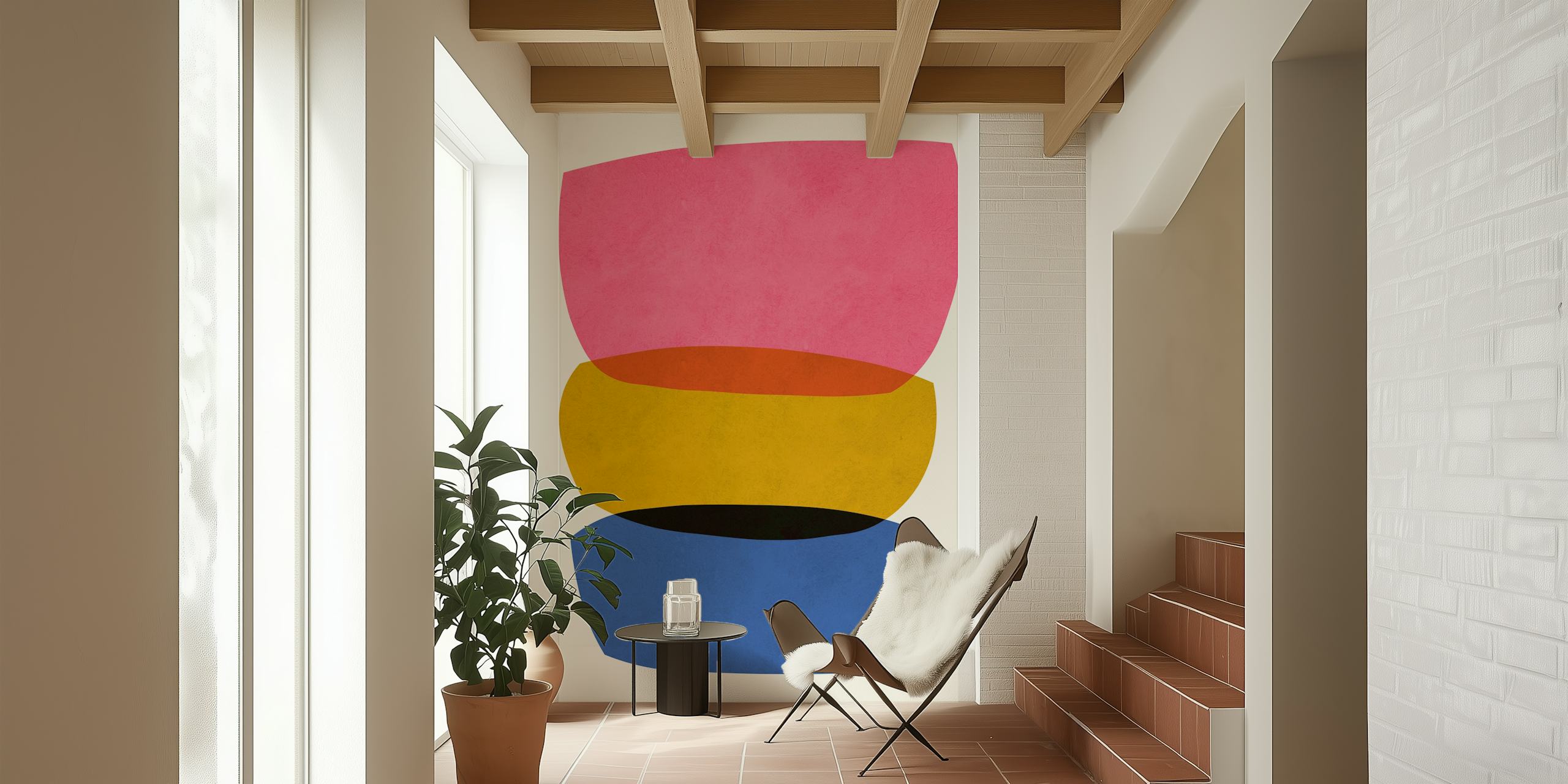Colorful abstract shapes in pink, orange, yellow, and blue wallpaper