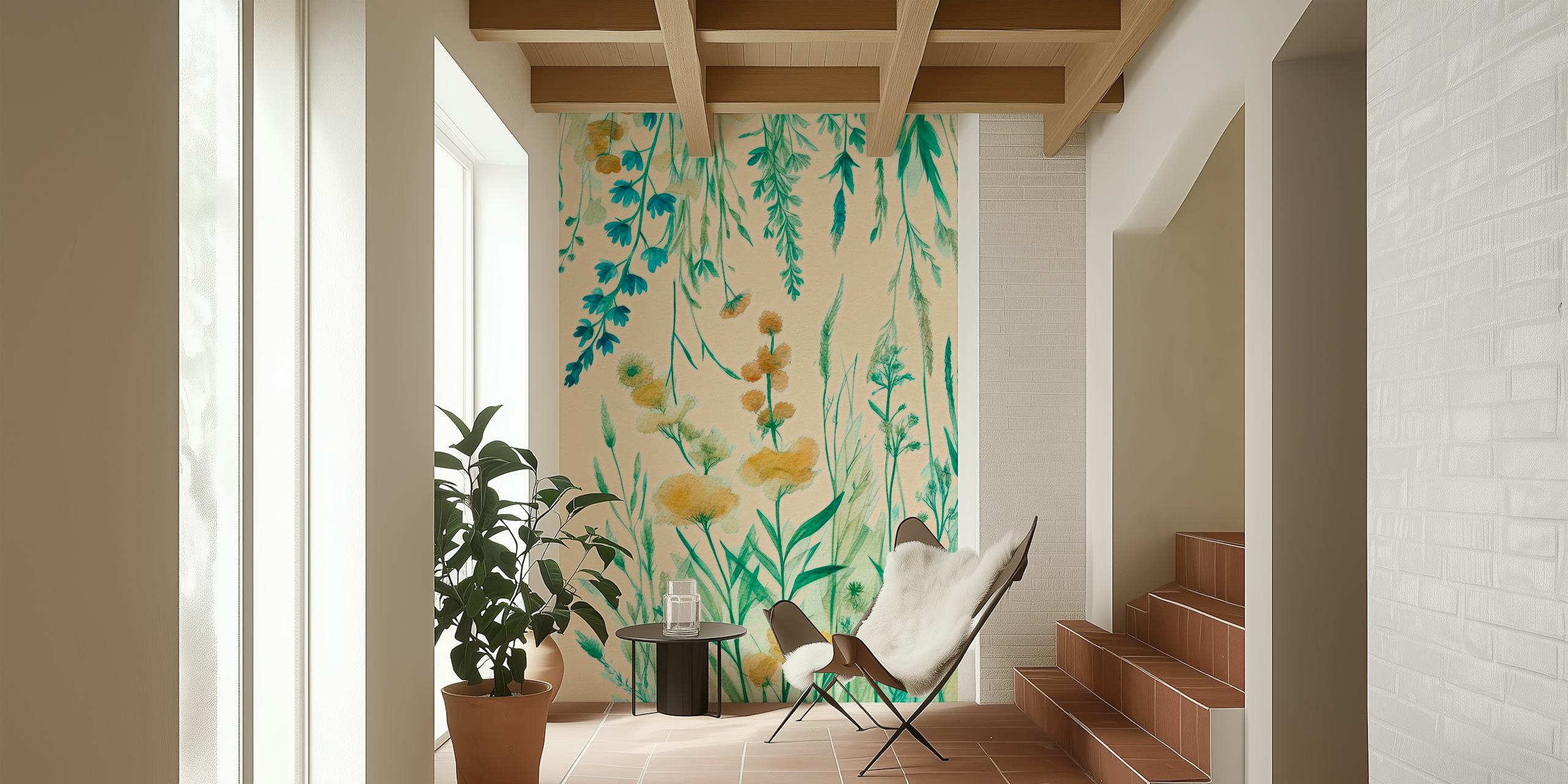 Floral green and yellow design with delicate herbs and flowers wallpaper