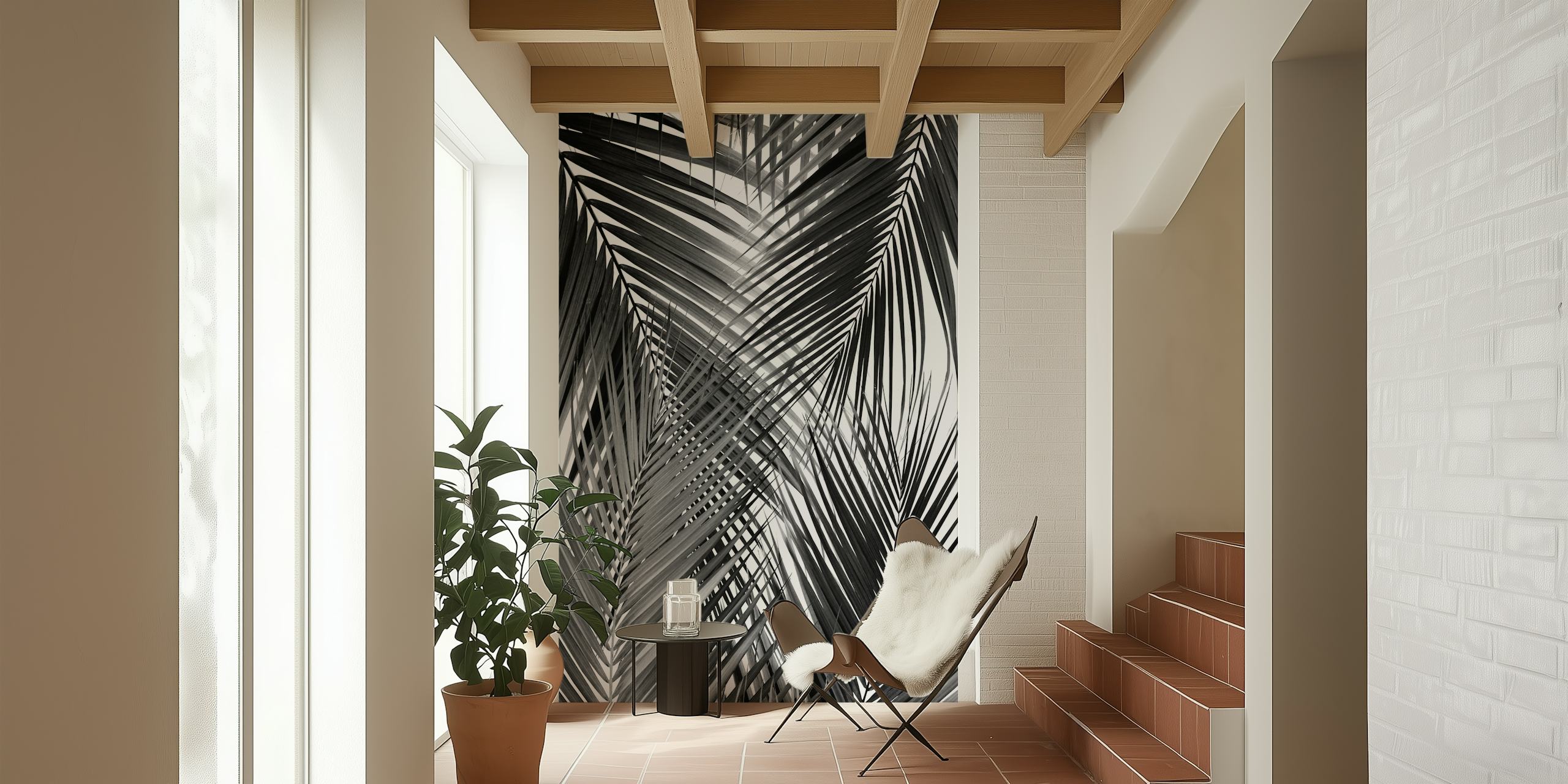 Sort og hvidt vægmaleri af abstrakt palmeblade design