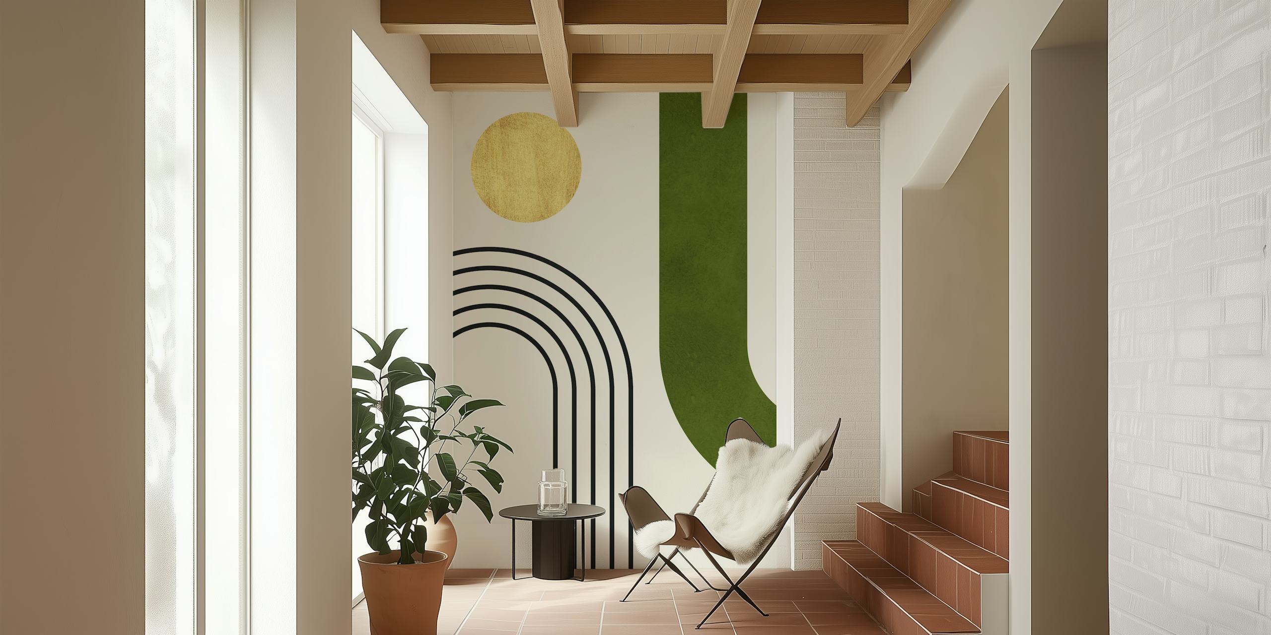 Abstract watercolor circles and lines wall mural in muted green and gold tones