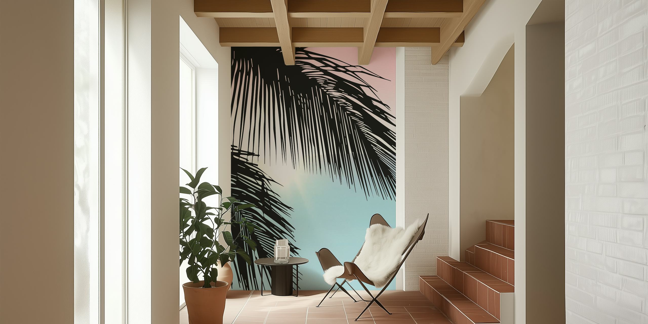 Tropical palm leaves silhouette against pink and blue gradient wallpaper