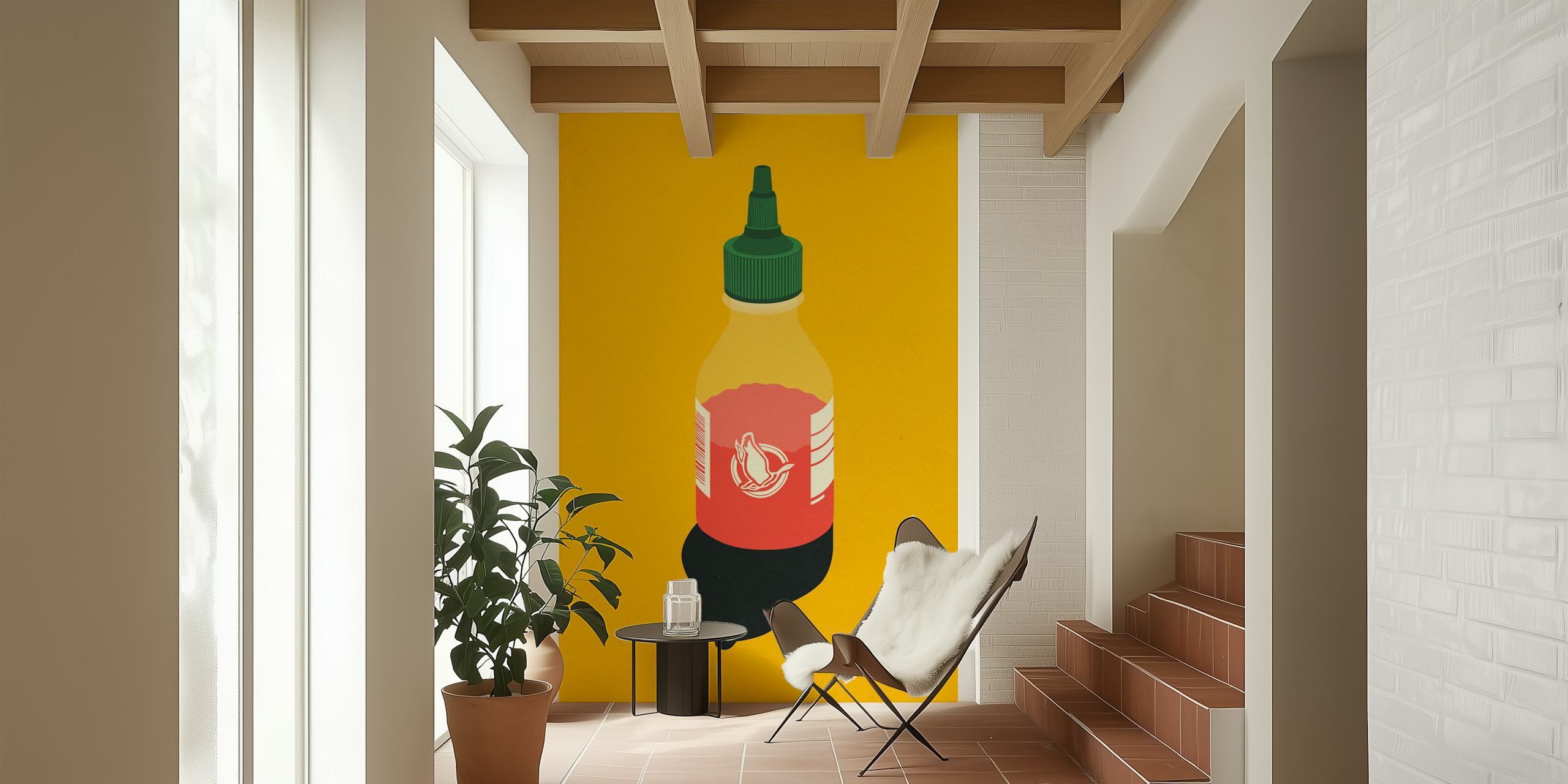 Hot sauce bottle illustration wall mural on a yellow background