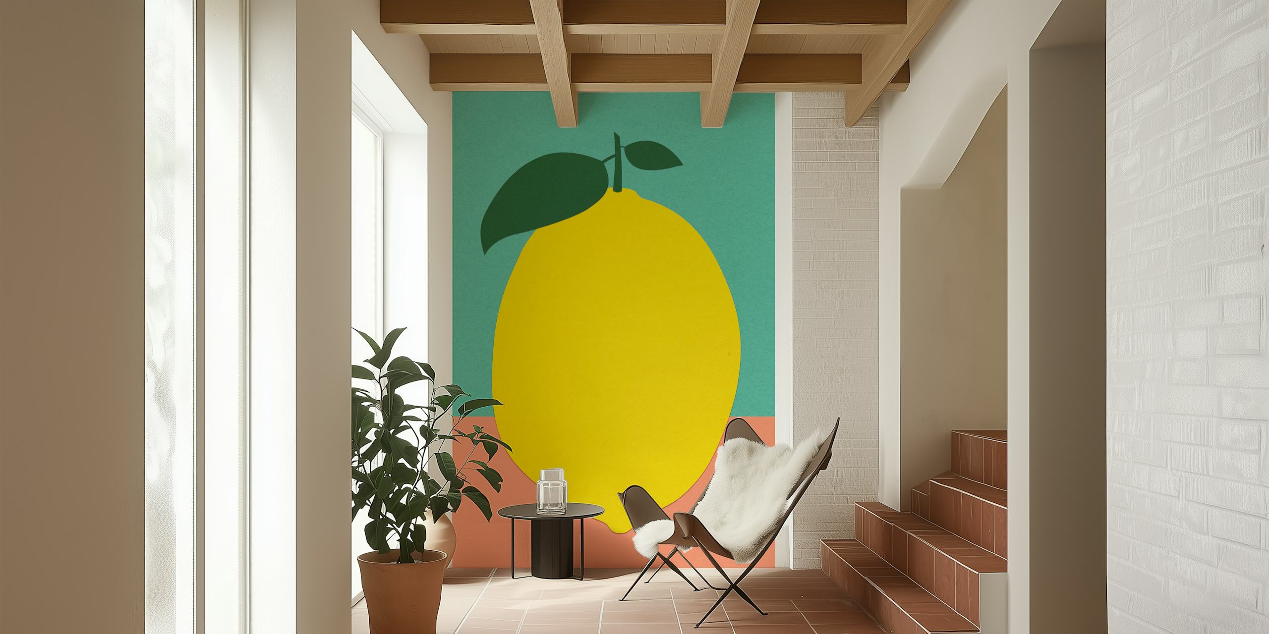 Lemon with two leaves papel pintado en una habitación