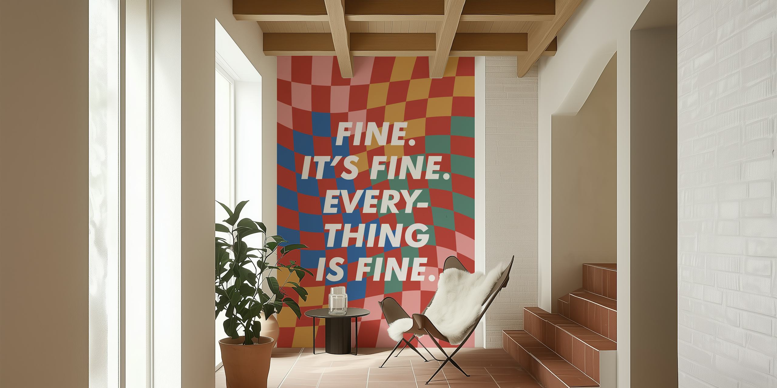 Colorful wallpaper with positive messaging in a room