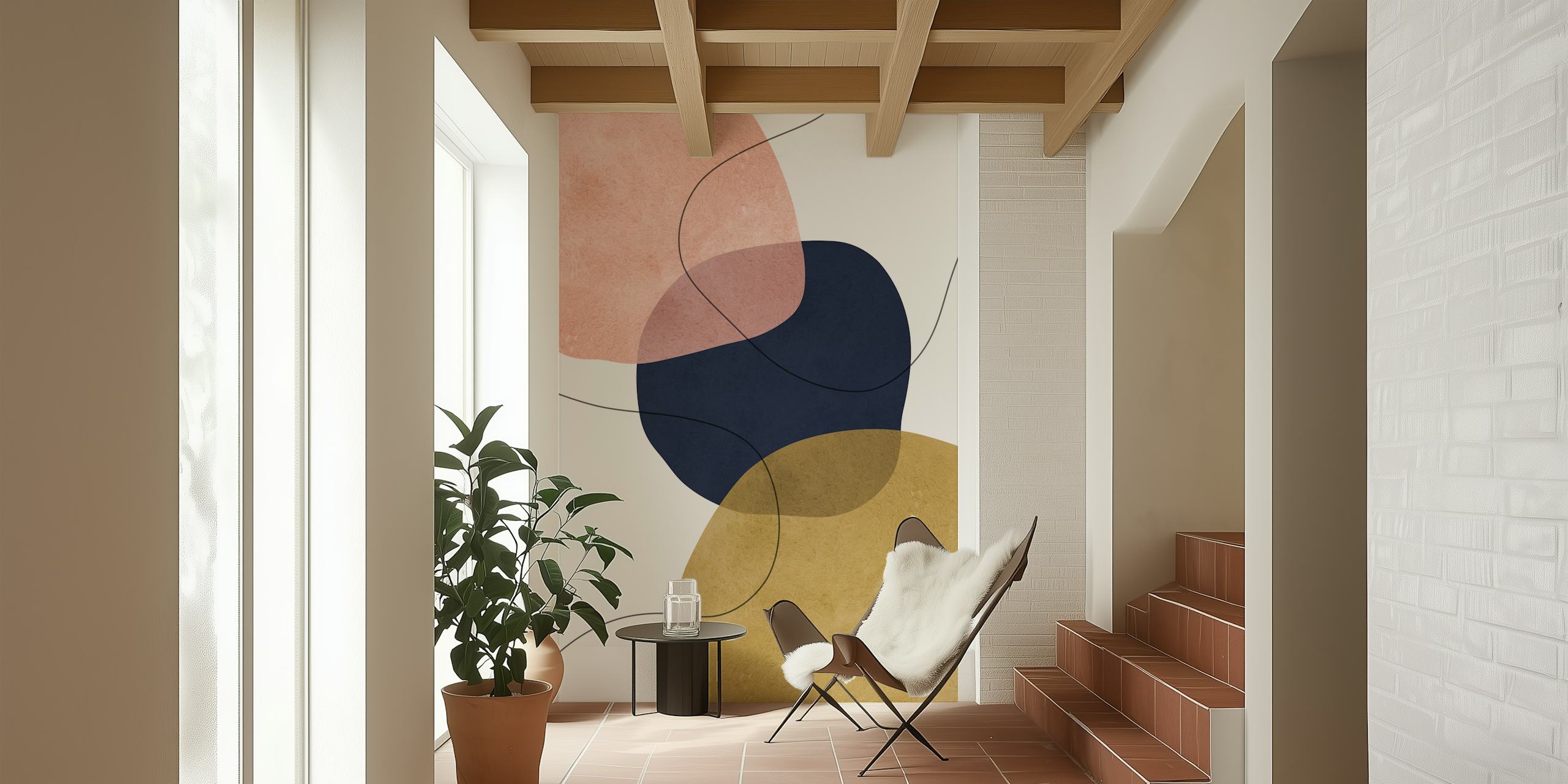 Τοιχογραφία τοίχου Boho Shapes 26 με γεωμετρικά σχήματα σε ρουζ, navy και λαδί