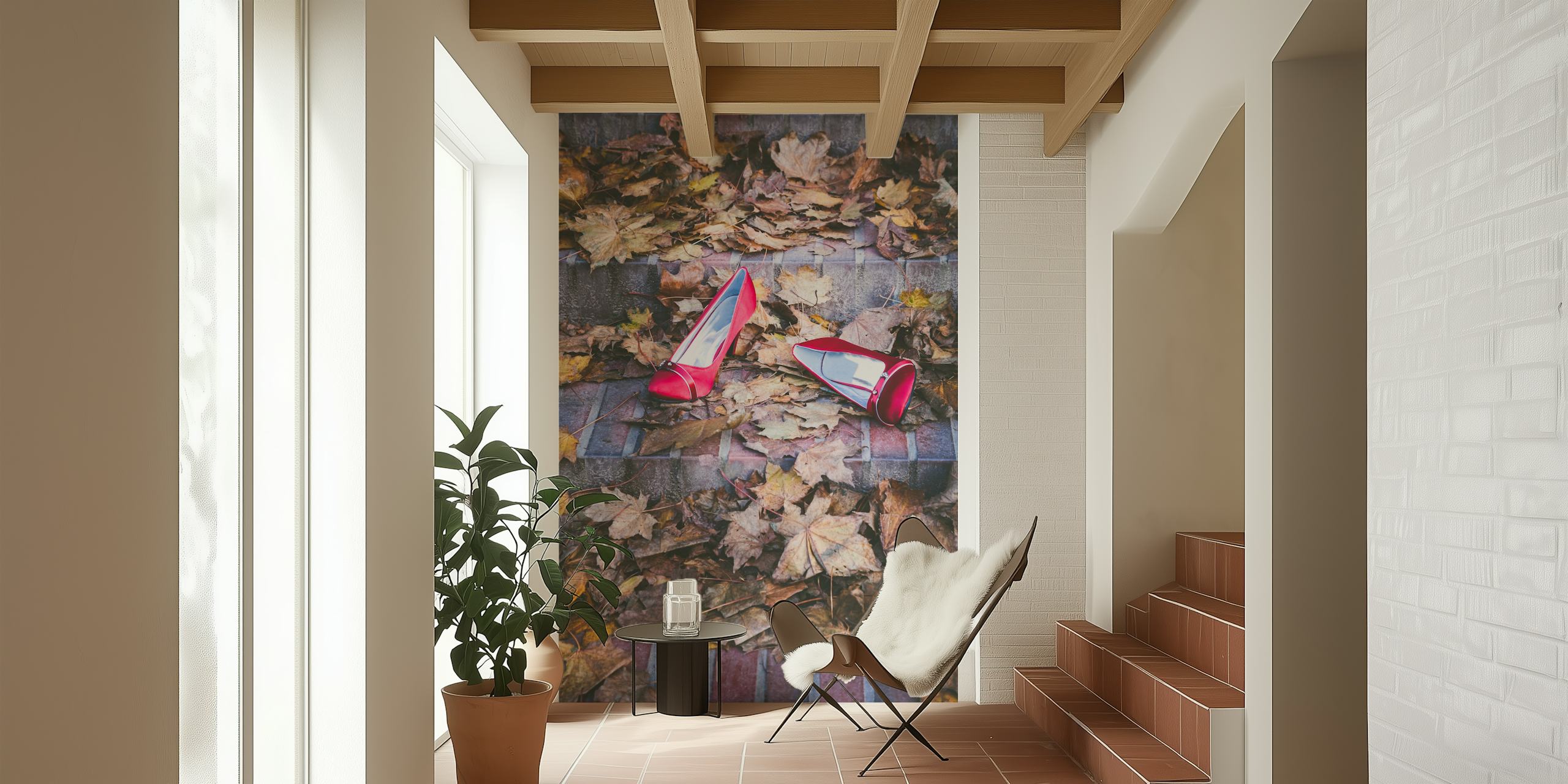 Red shoes wallpaper displayed in a room