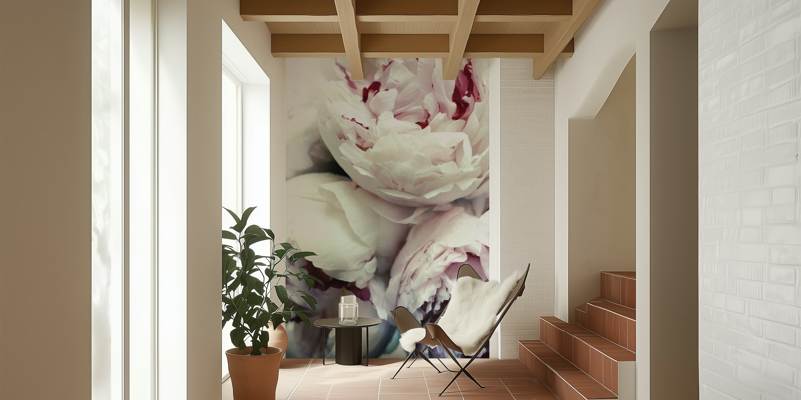 Large pink peonies in soft white background wallpaper