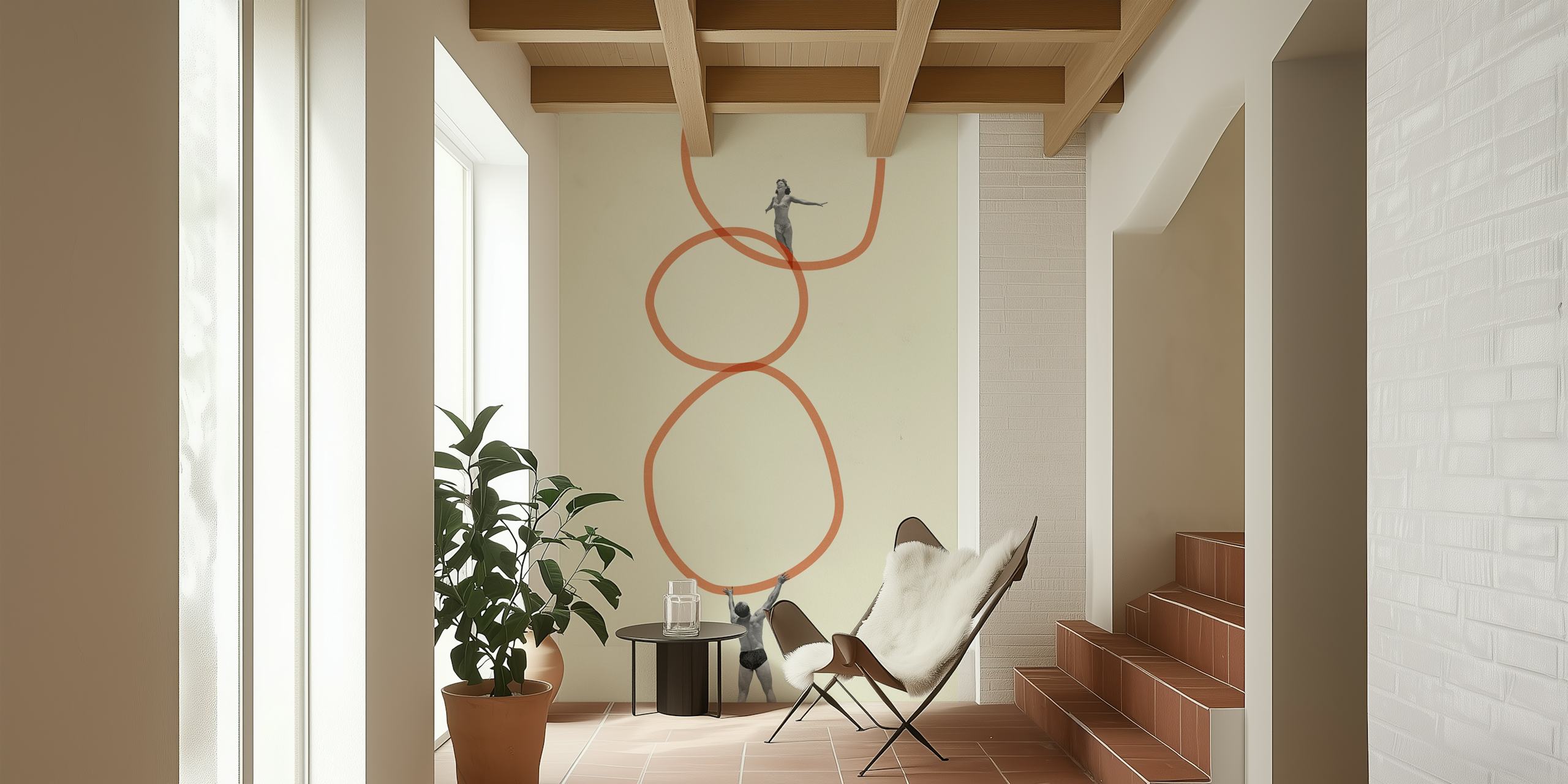 Abstract beige wallpaper with human figures and orange circles