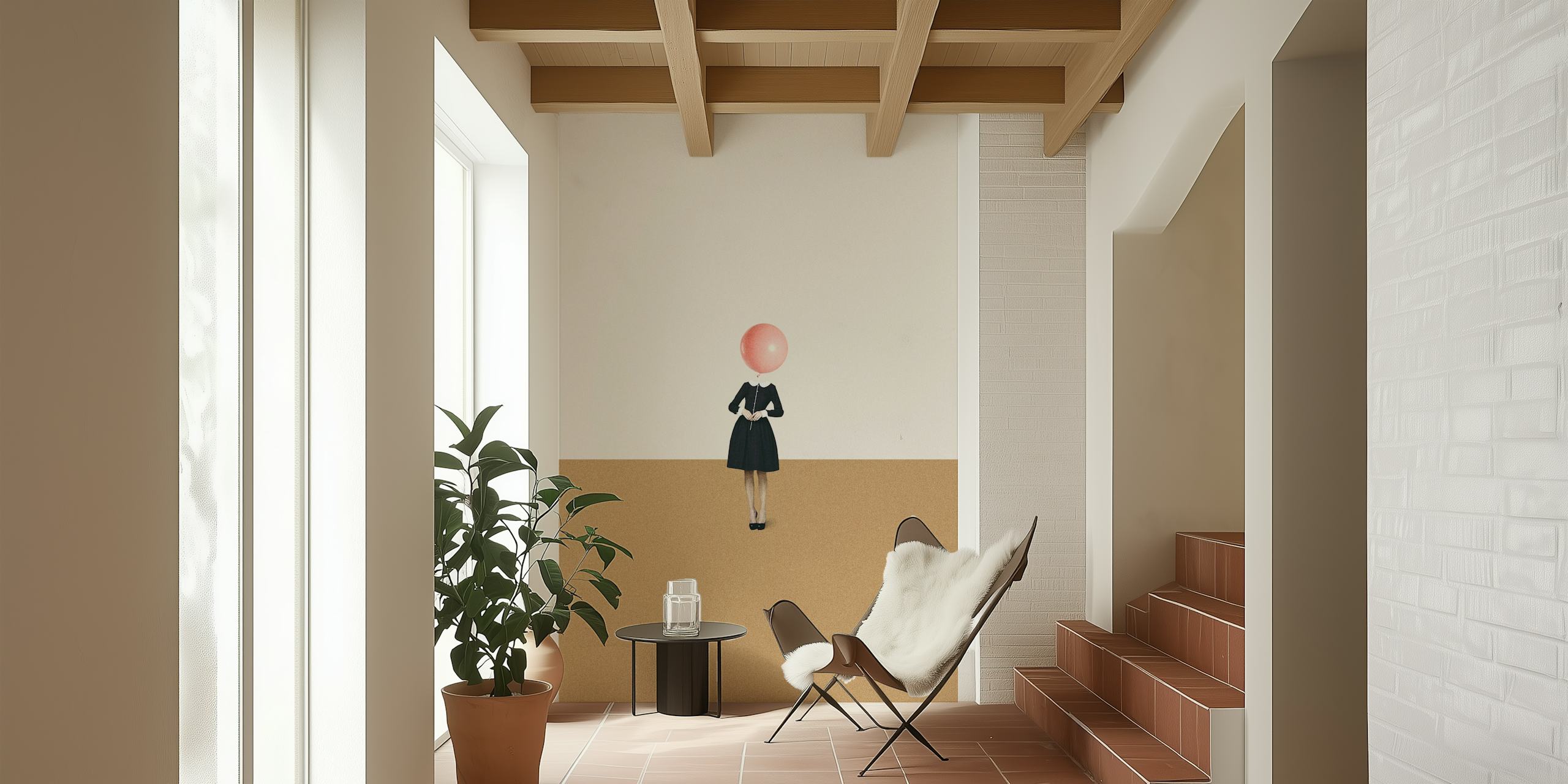 Strukturierte beige und weiße Tapete mit stilisierter Figur und rosa Ballon