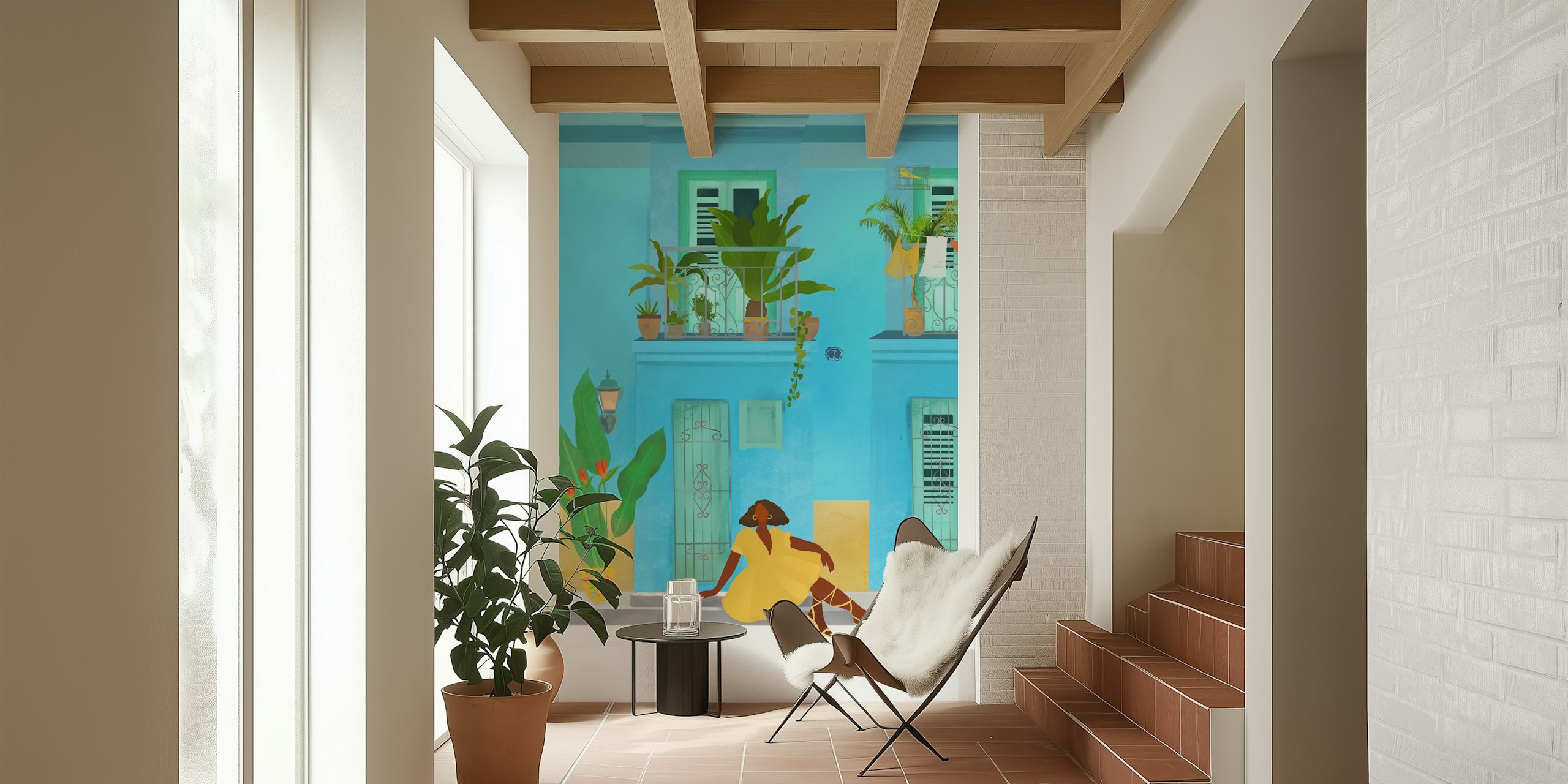 Mural de escena de una calle cubana con un edificio azul, plantas verdes y una persona sentada