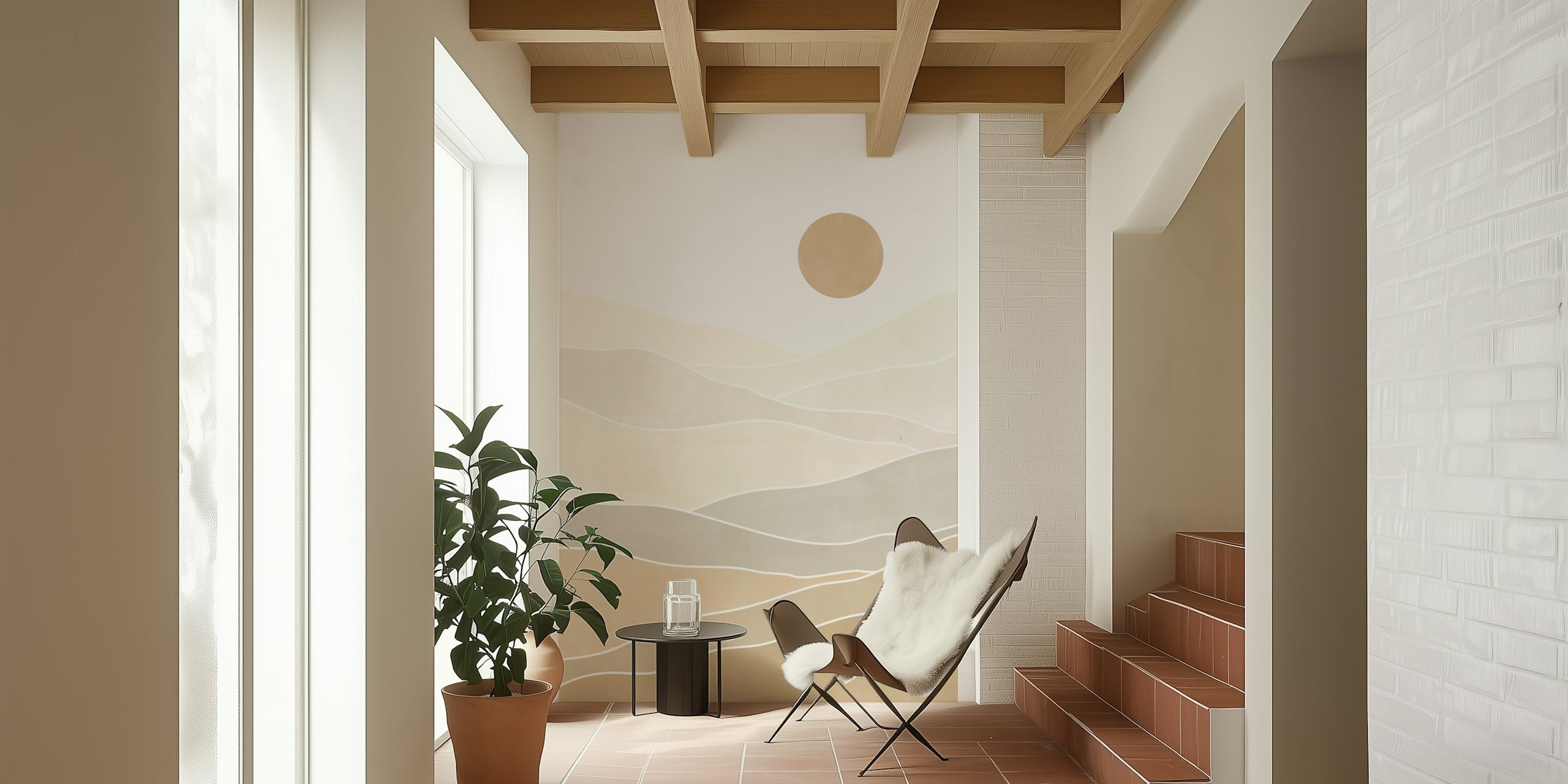 Abstract beige landscape wallpaper in a room