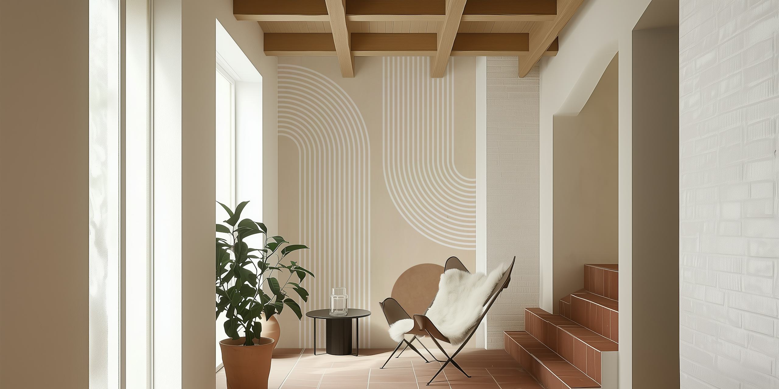 Beige Arc Poster No1 wall mural with abstract curved lines and circle