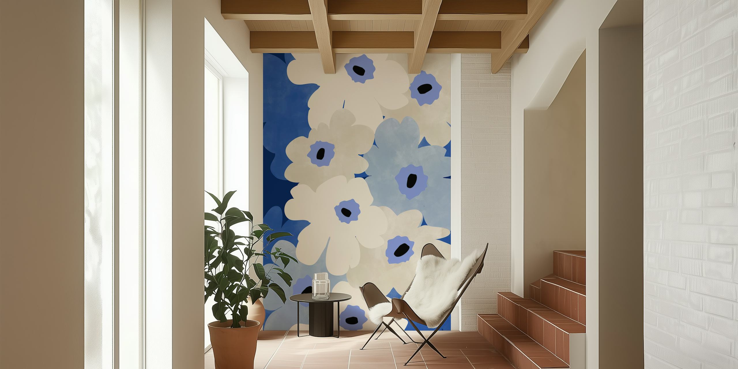 Indigo en witte bloemen muurschildering in een beeldverhouding van 3x4