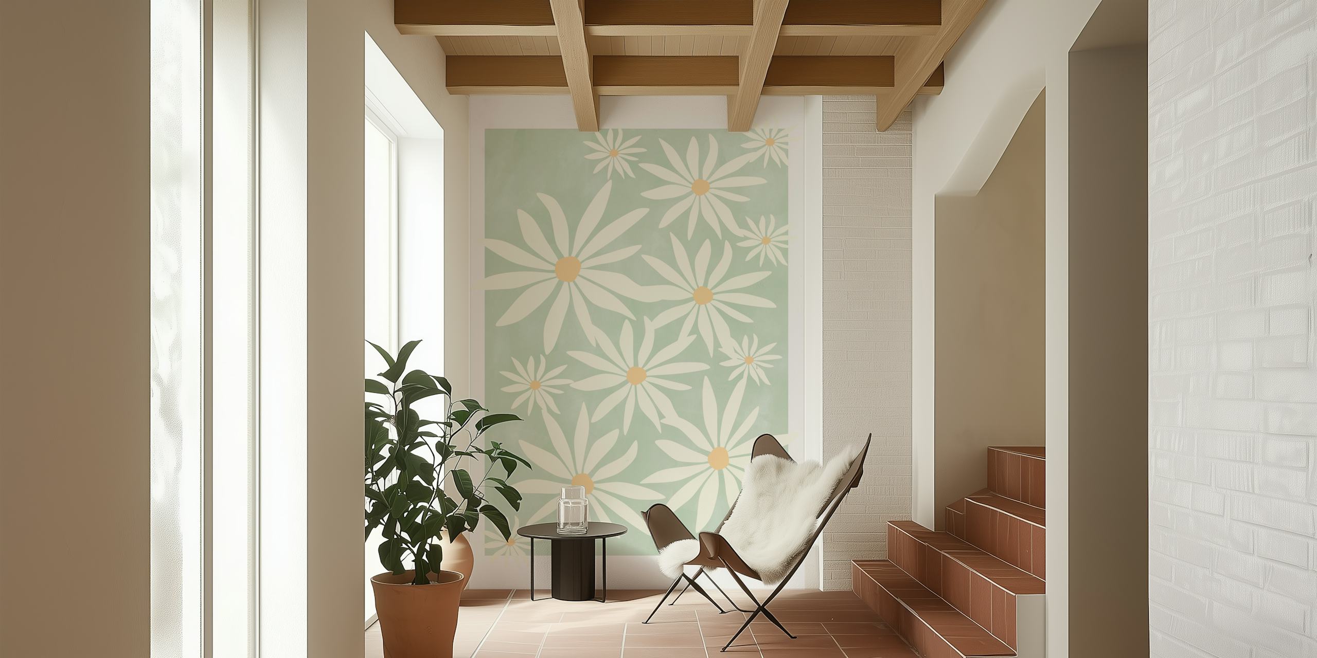 Daisy flower patterns on mint green background wallpaper