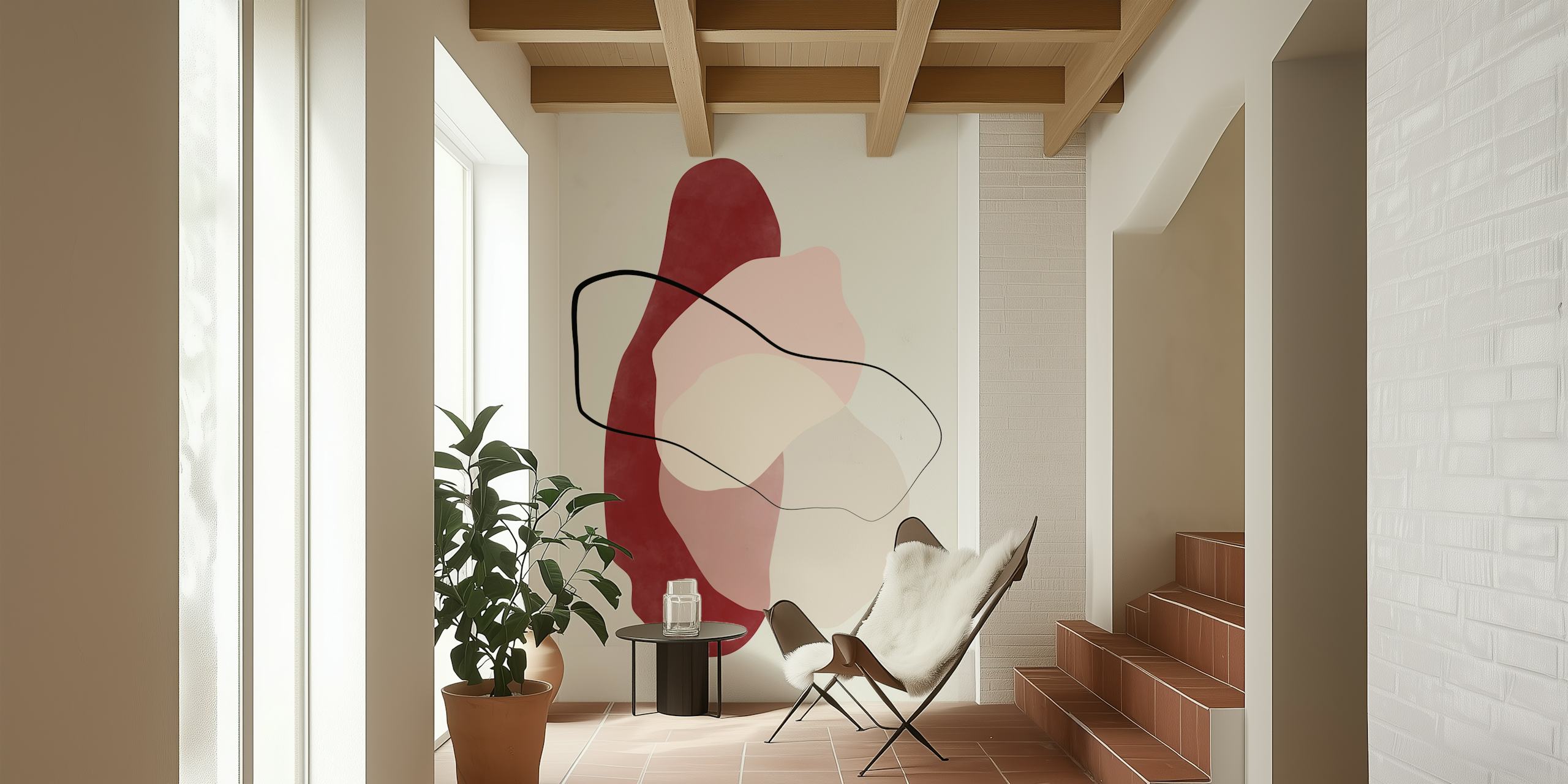 Mural de parede abstrato com tons vermelhos e pastéis e linhas fluidas