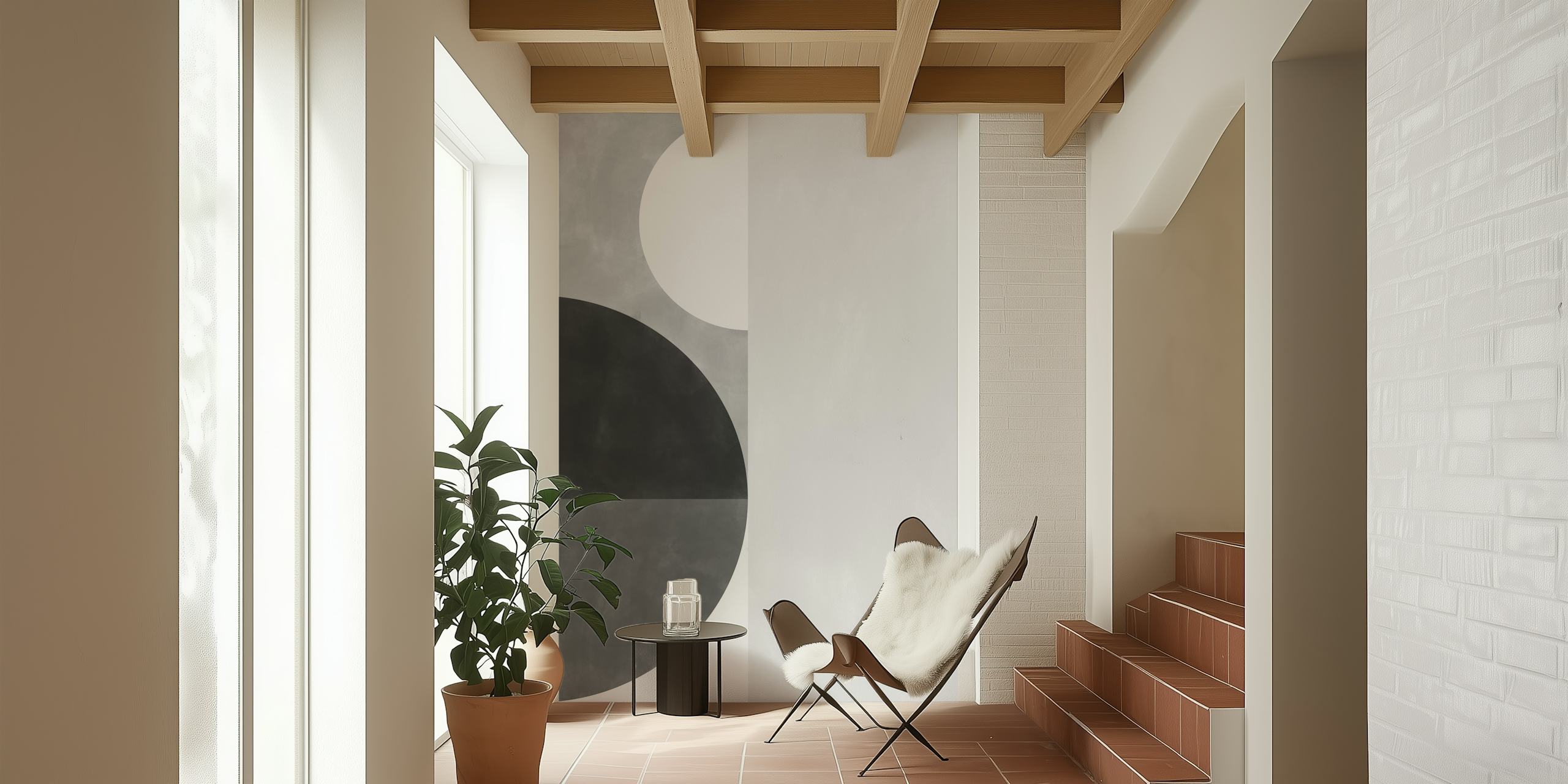 Geometric abstract mural in black and white with circular motif and contrasting shades.