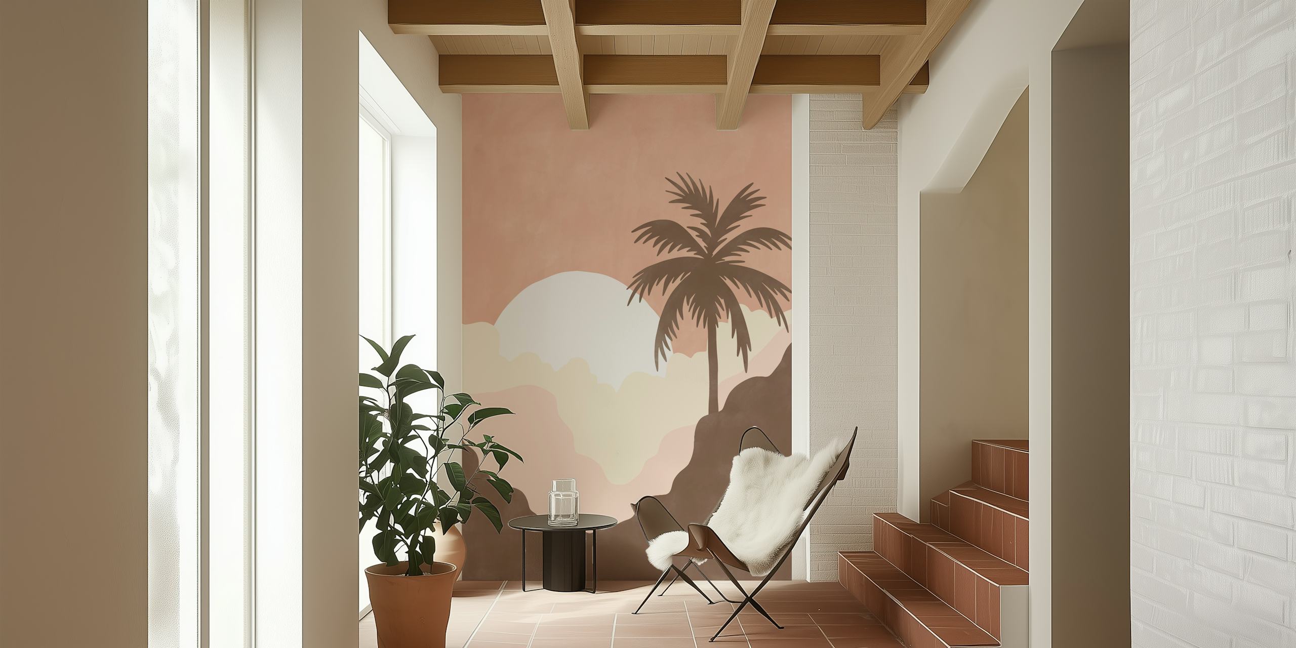 Nježno ružičasti zidni mural zalazak sunca i palma