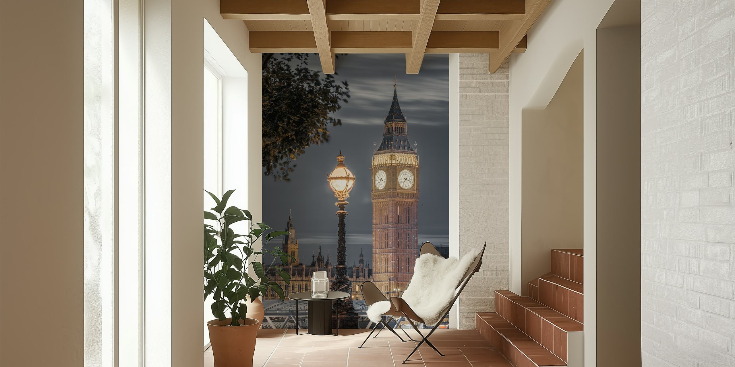Gadelampe og Big Ben-vægmaleri med tusmørkebagtæppe