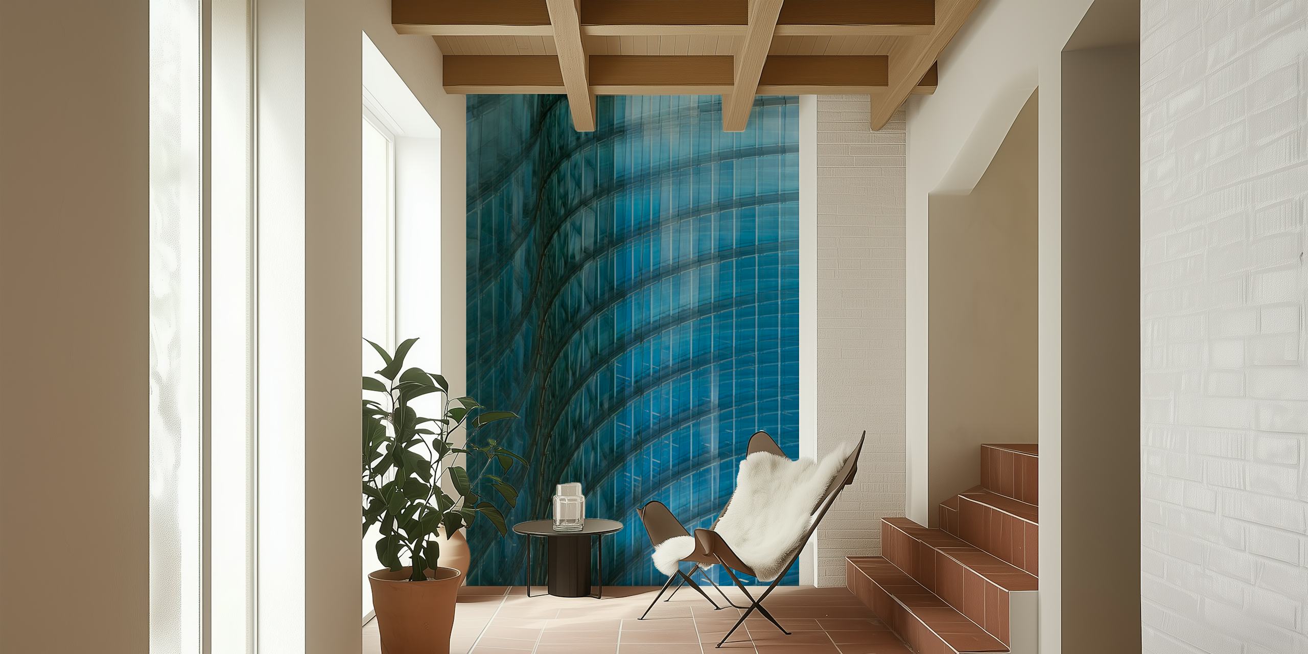 Dynamic blue wave patterns on textured wallpaper