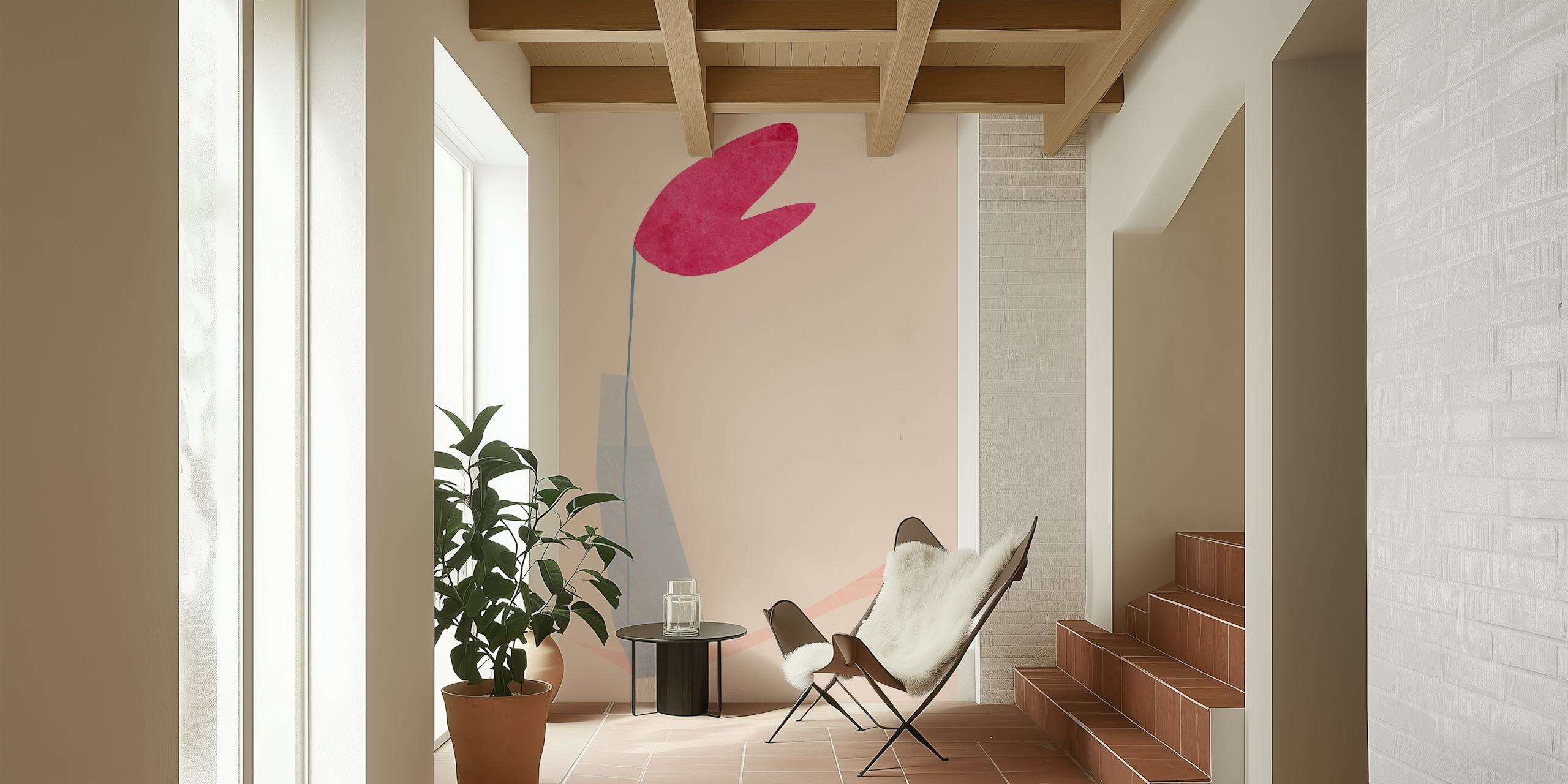 Abstract minimalist wall mural of a pink heart shape balanced on a slender form with a pastel backdrop