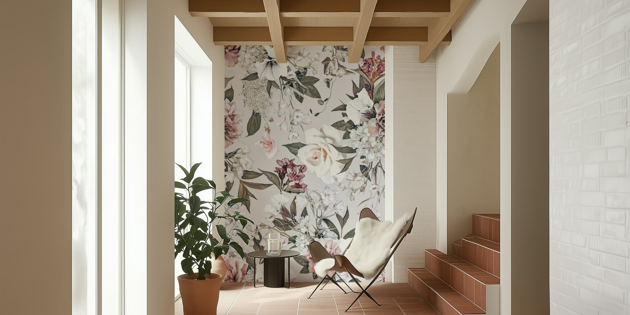 Floral vintage wallpaper in soft pastels with rose and pink hues